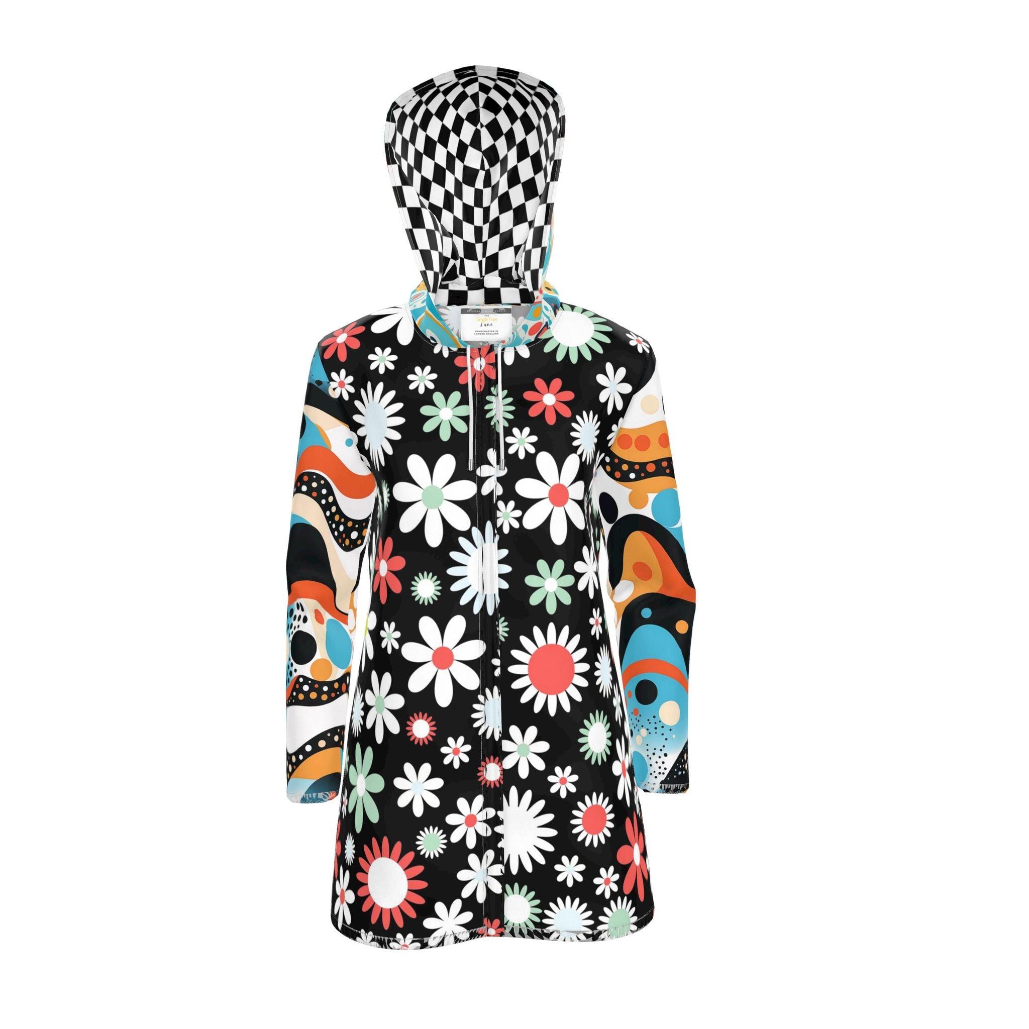 Daisy Check Pop Futuristic Floral Womens Hooded Rain Jacket