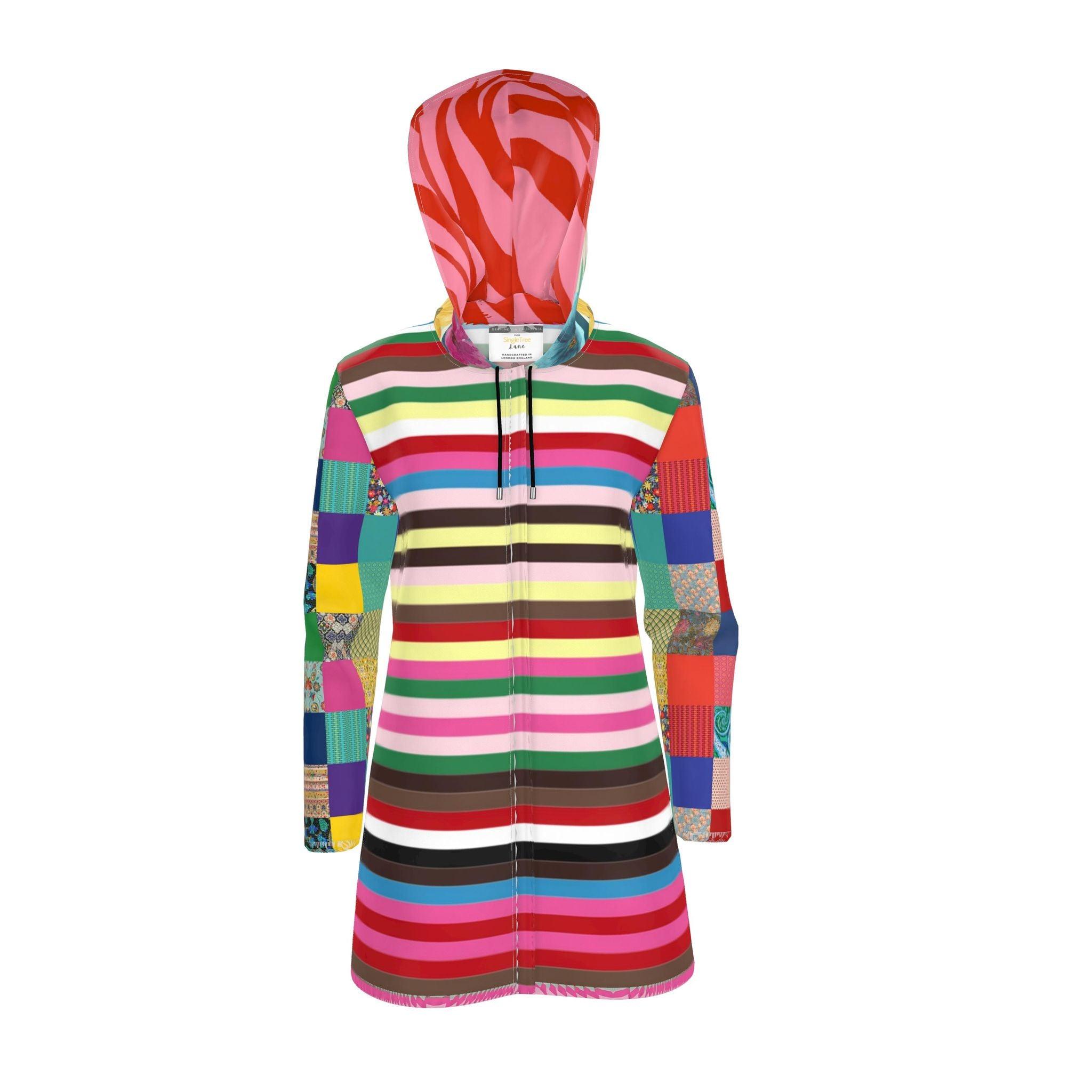 Rainbow Candy Stripe Patchwork Womens Hooded Rain Jacket