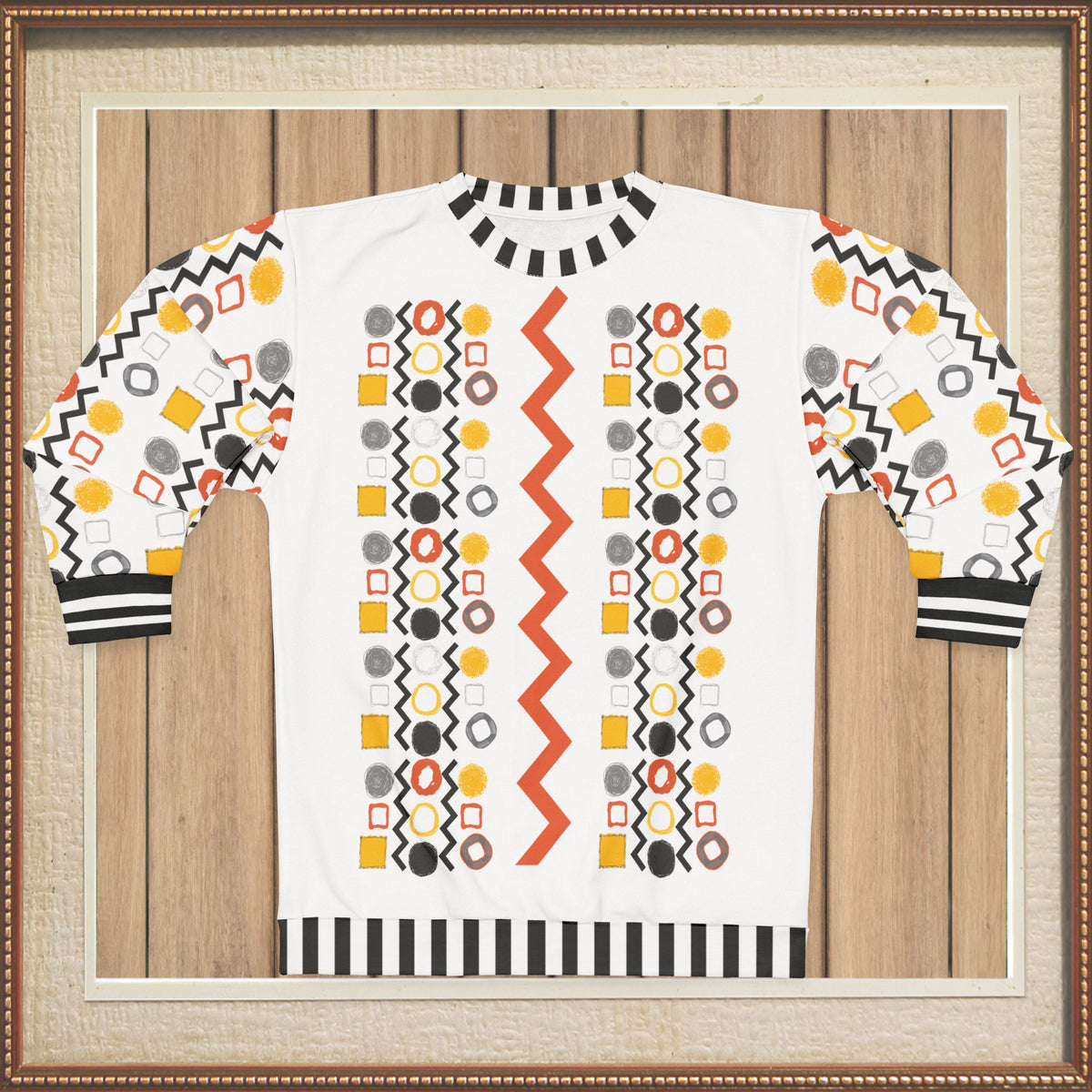 Black Stripe and Bright Geometric in White Unisex Sweatshirt (Gold Label)