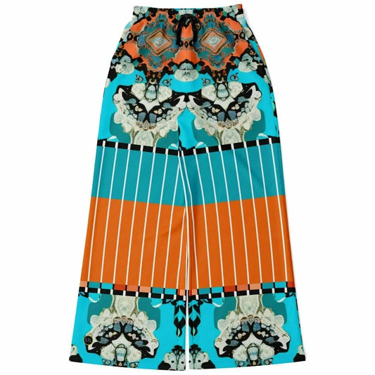 Coral Reef Turquoise Batique Pinstripe Floral Eco-Poly Wide Leg Pants
