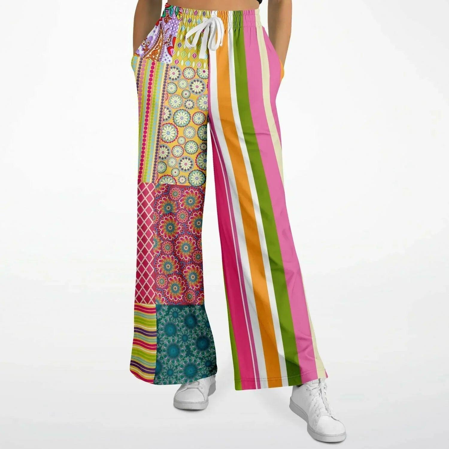 Hello Janis! Green Striped Patchwork Eco-Poly Wide Leg Pants