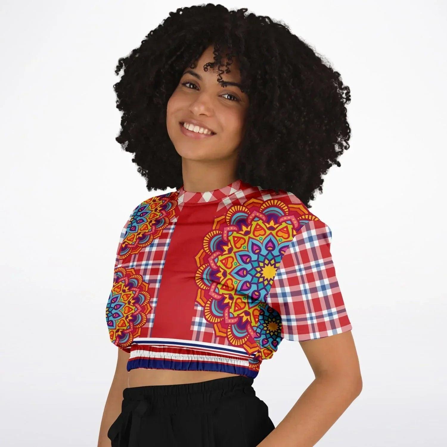 Hippy-Dippy Plaid Eco-Poly Cropped Short Sleeve Pullover