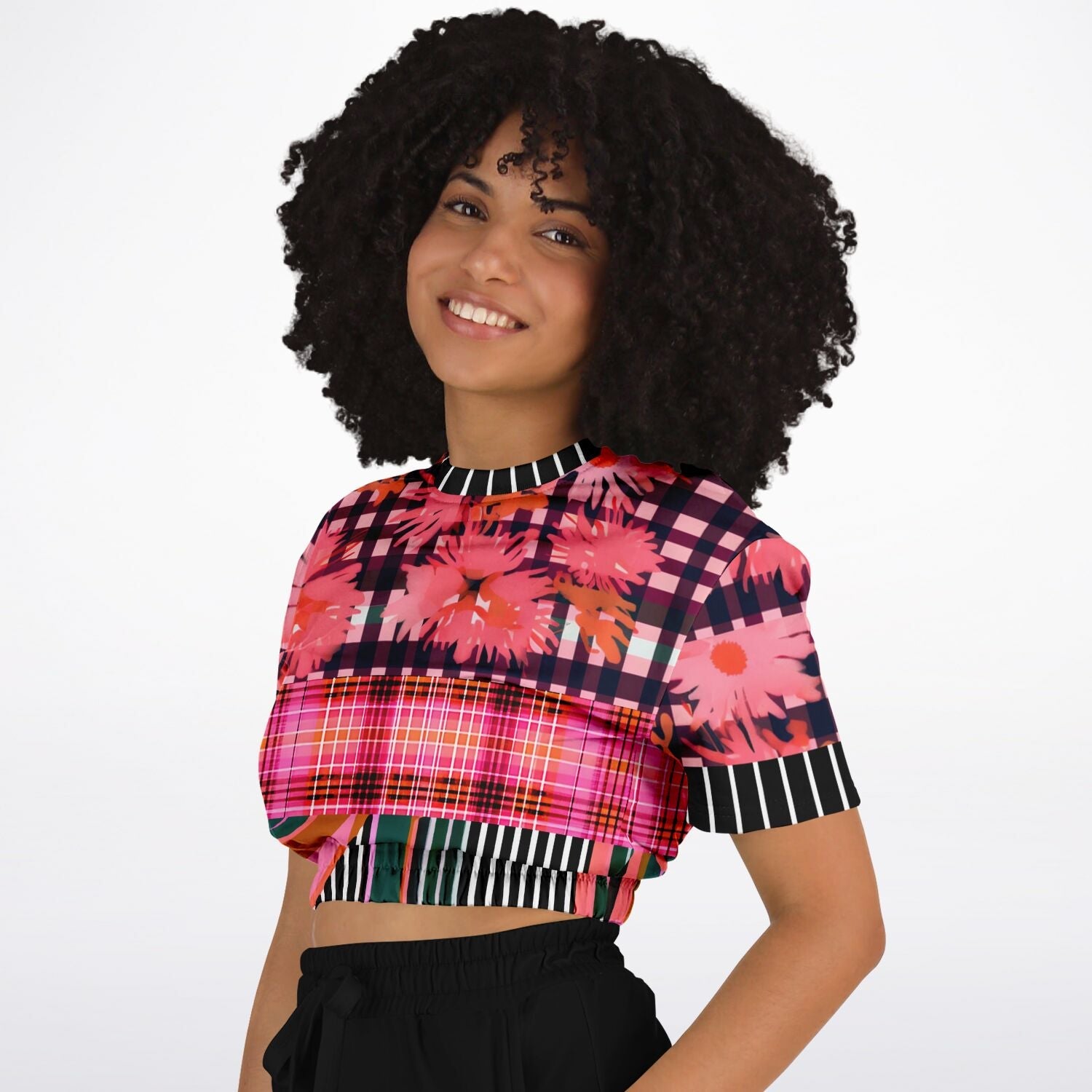 Pink Chrysanthemum Plaid Floral Eco-Poly Short Sleeve Cropped Pullover