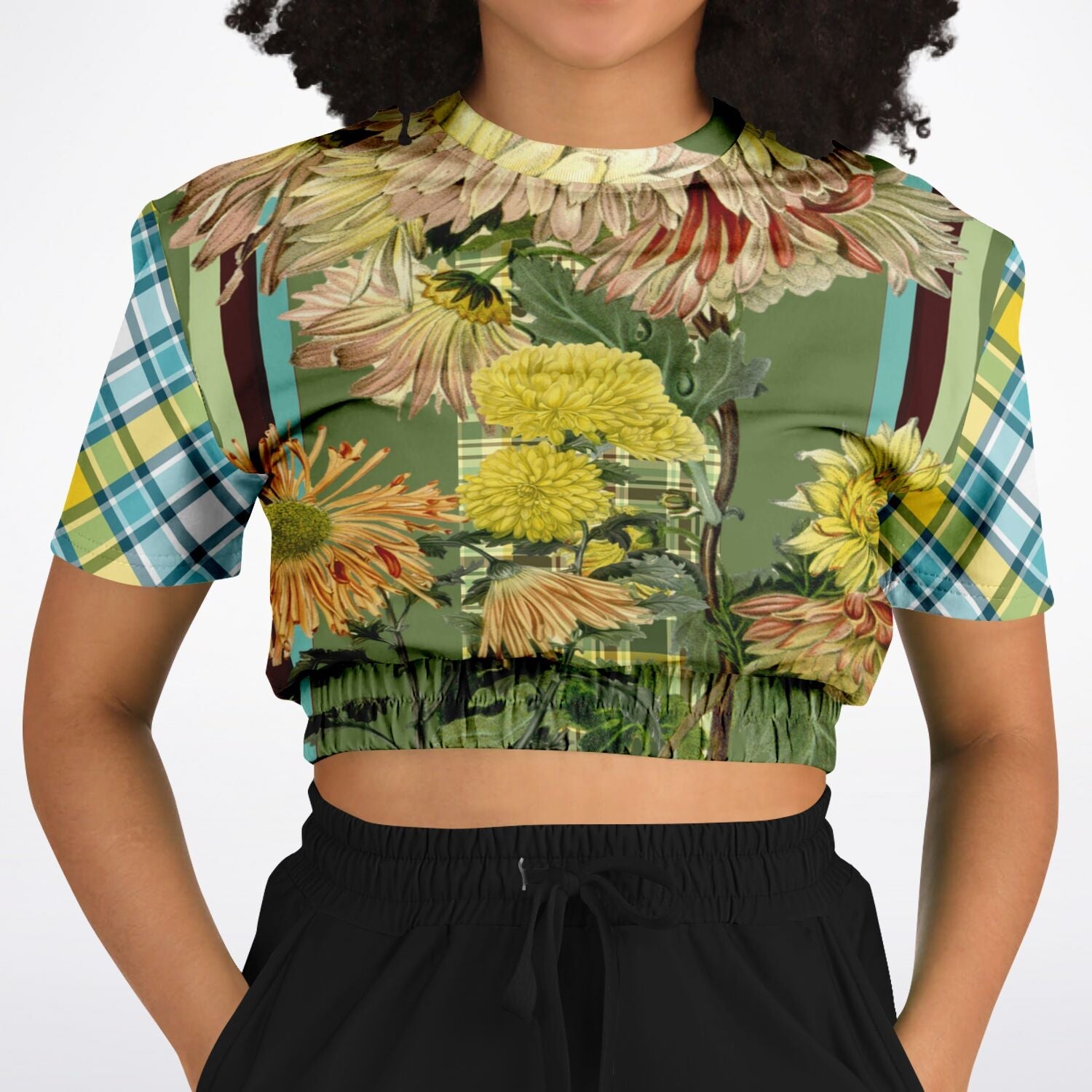 Green Caravan Plaid Eco-Poly Short Sleeve Cropped Pullover