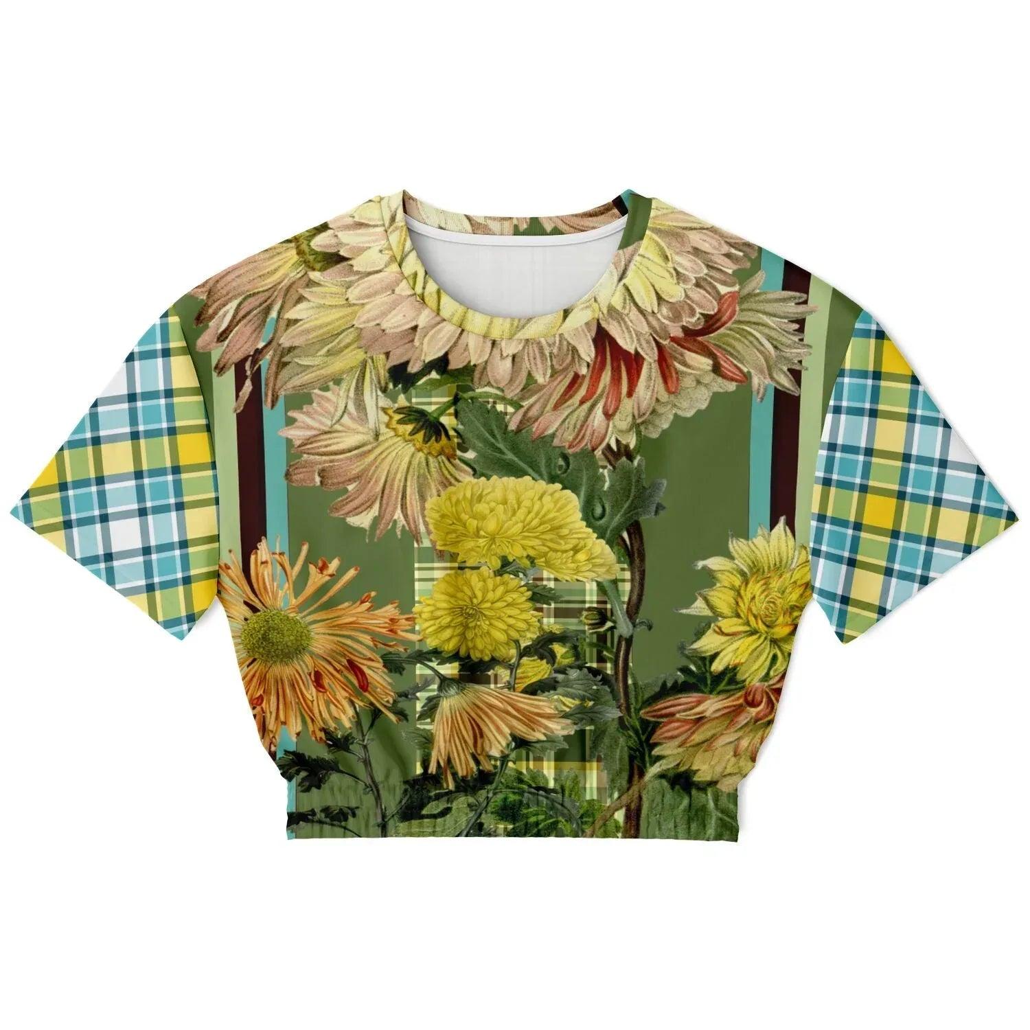 Green Caravan Plaid Eco-Poly Short Sleeve Cropped Pullover