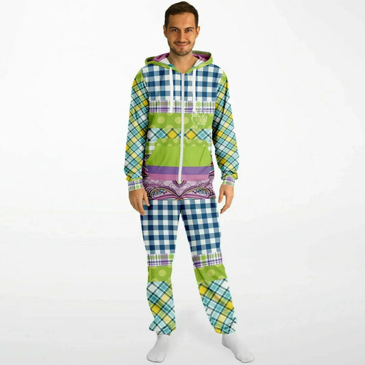 Kaleido-Scape Purple Plaid Patchwork Unisex Fleece Romper