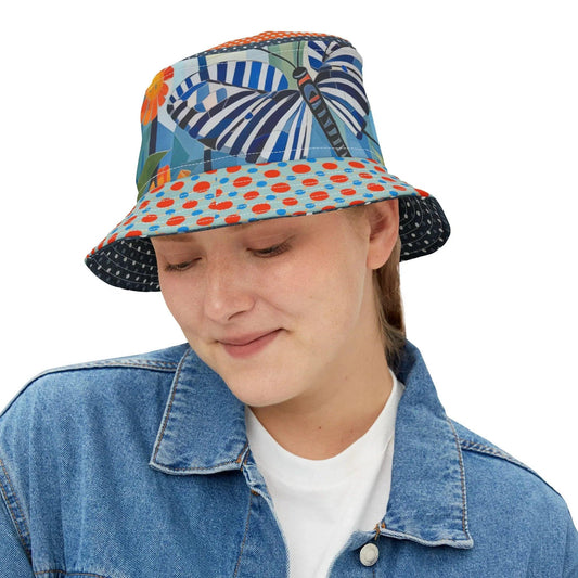 Sunshine and Butterflies in Stripes and Dots Vibrant Bucket Hat