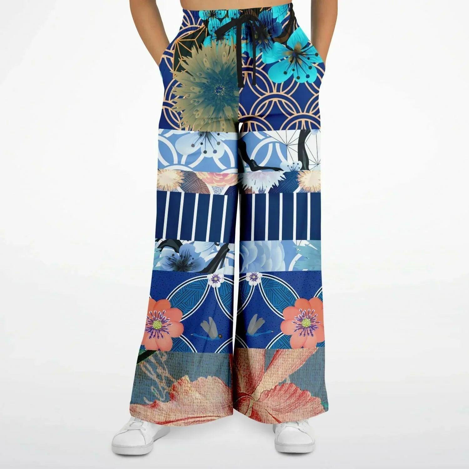 Blue Andalusian Patchwork Eco-Poly Wide Leg Pants