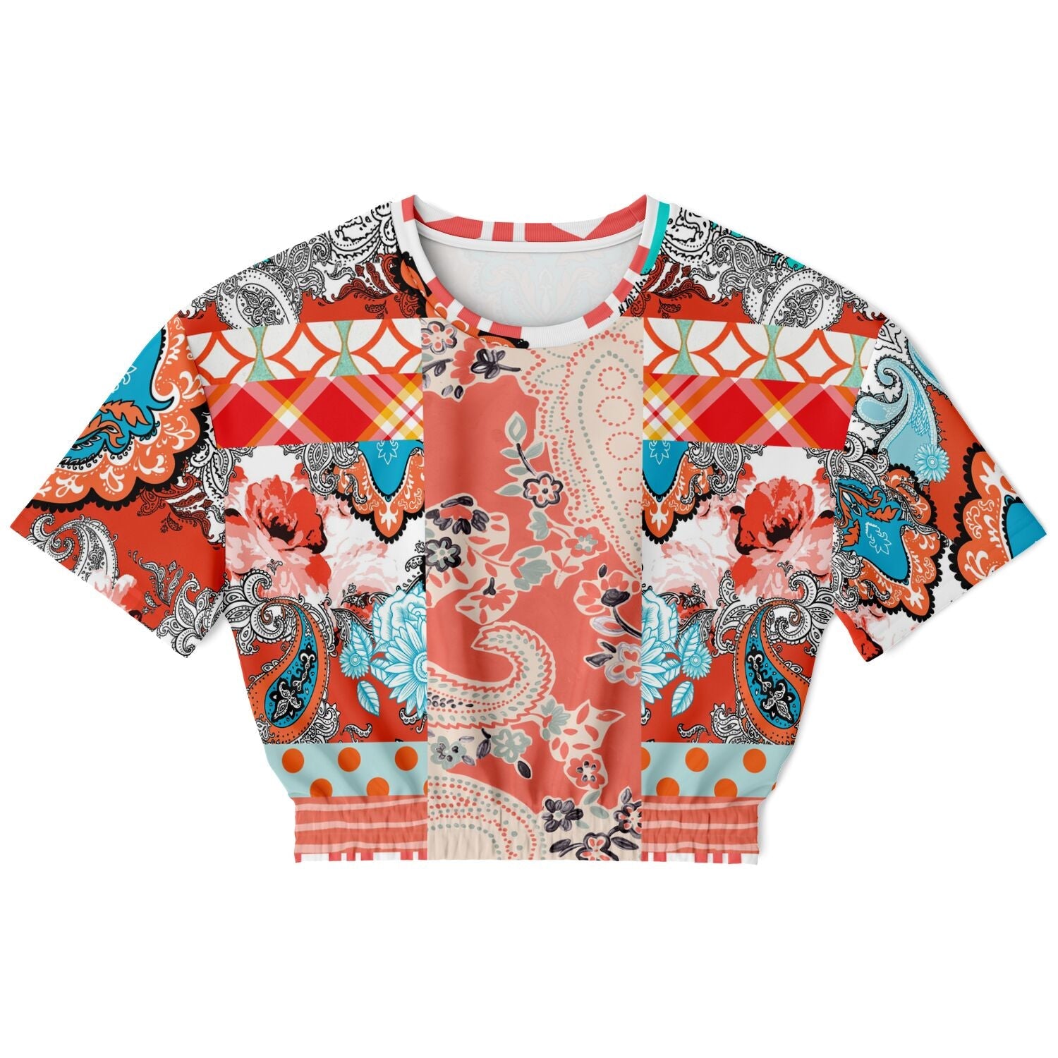 Coral Springs Hippie Patchwork Eco-Poly Short Sleeve Cropped Pullover