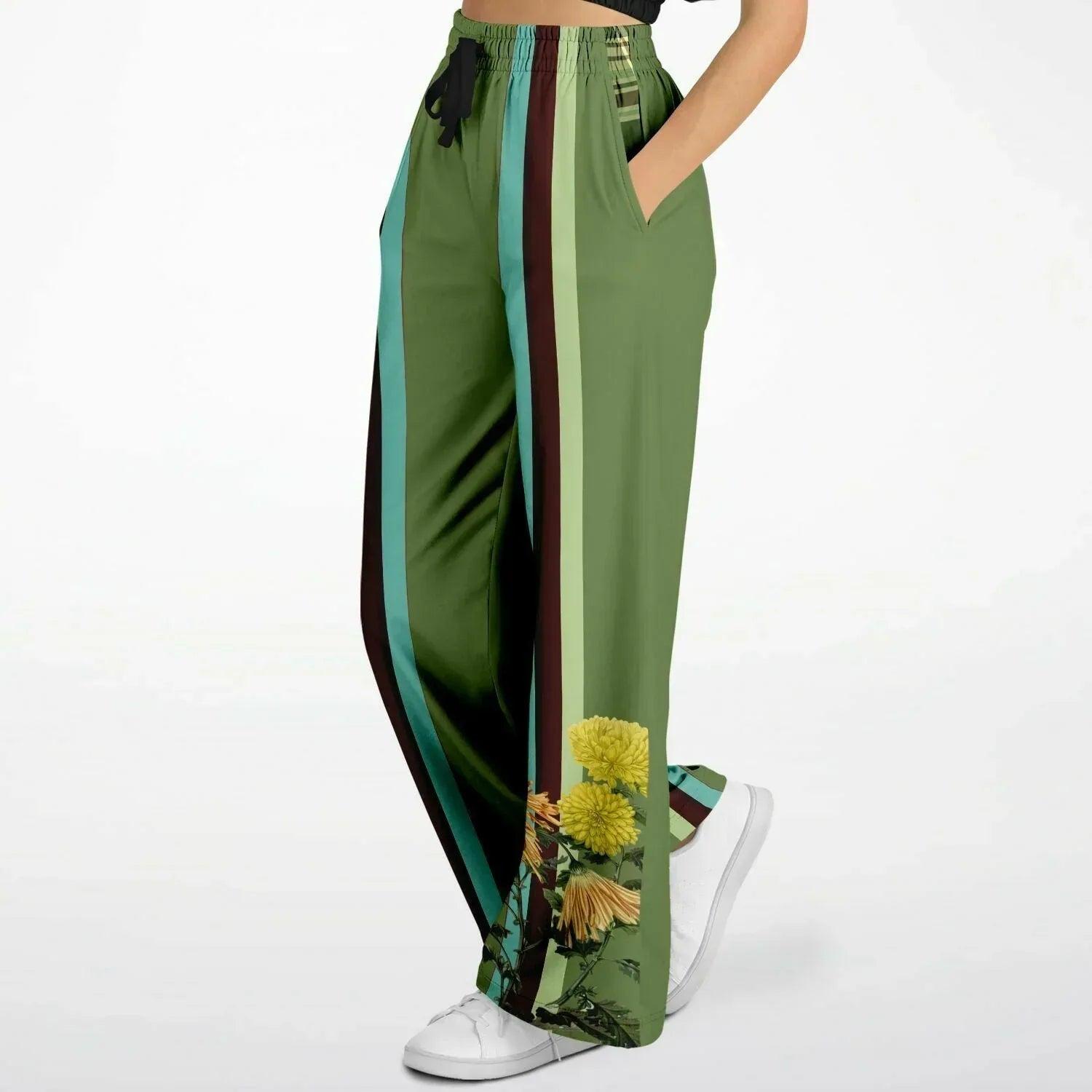 Green Caravan Striped Floral Eco-Poly Wide Leg Pants