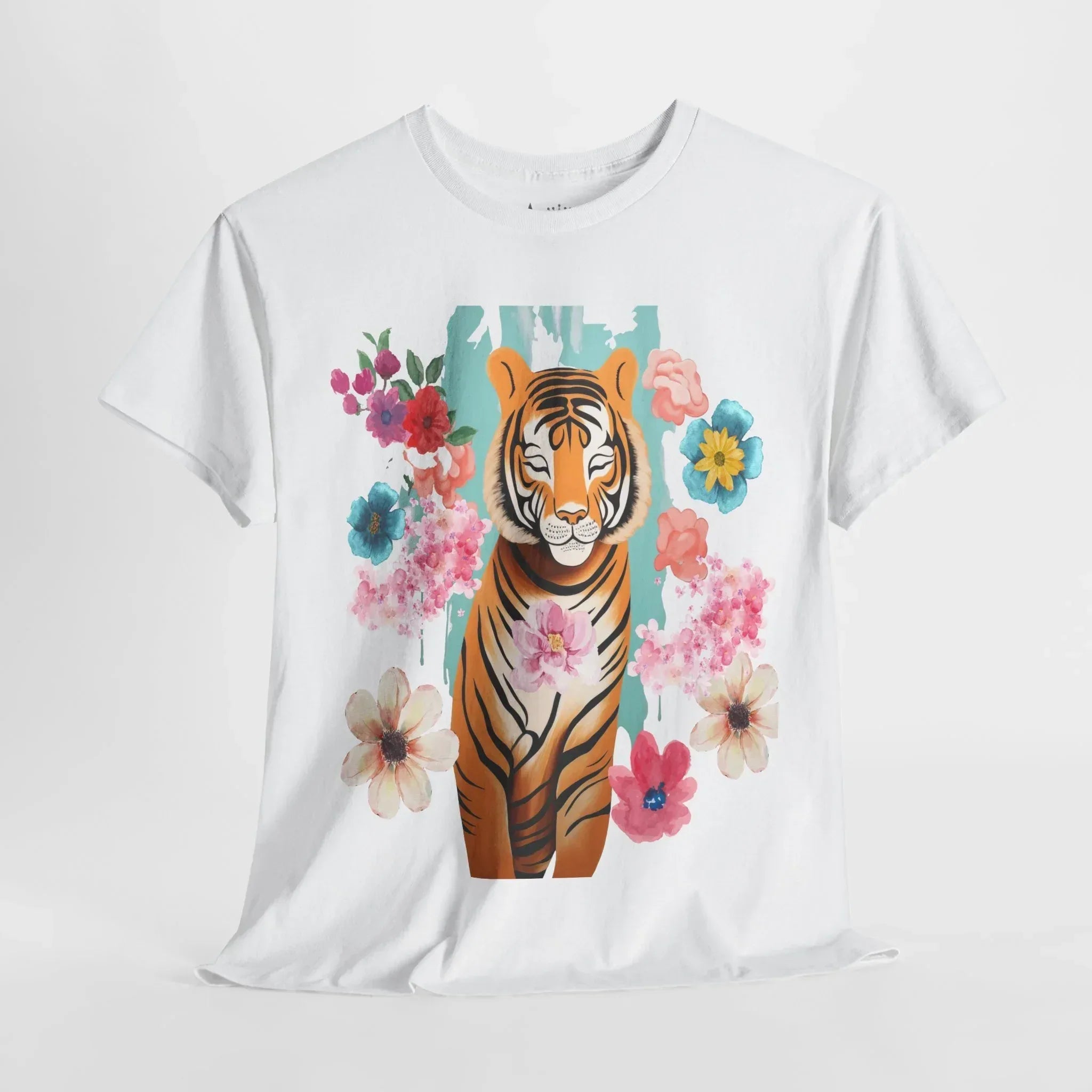 Tiger at Peace in Flowers Heavyweight Unisex Tee