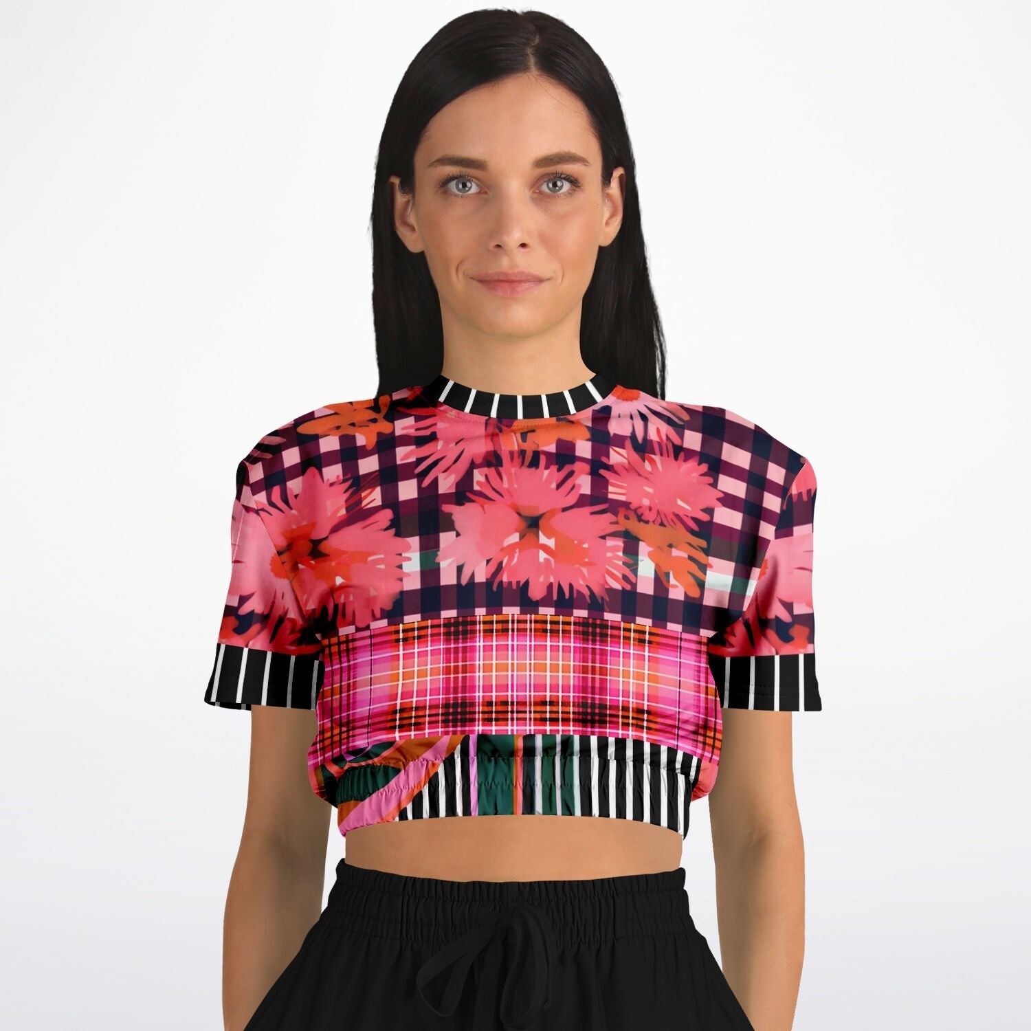 Pink Chrysanthemum Plaid Floral Eco-Poly Short Sleeve Cropped Pullover