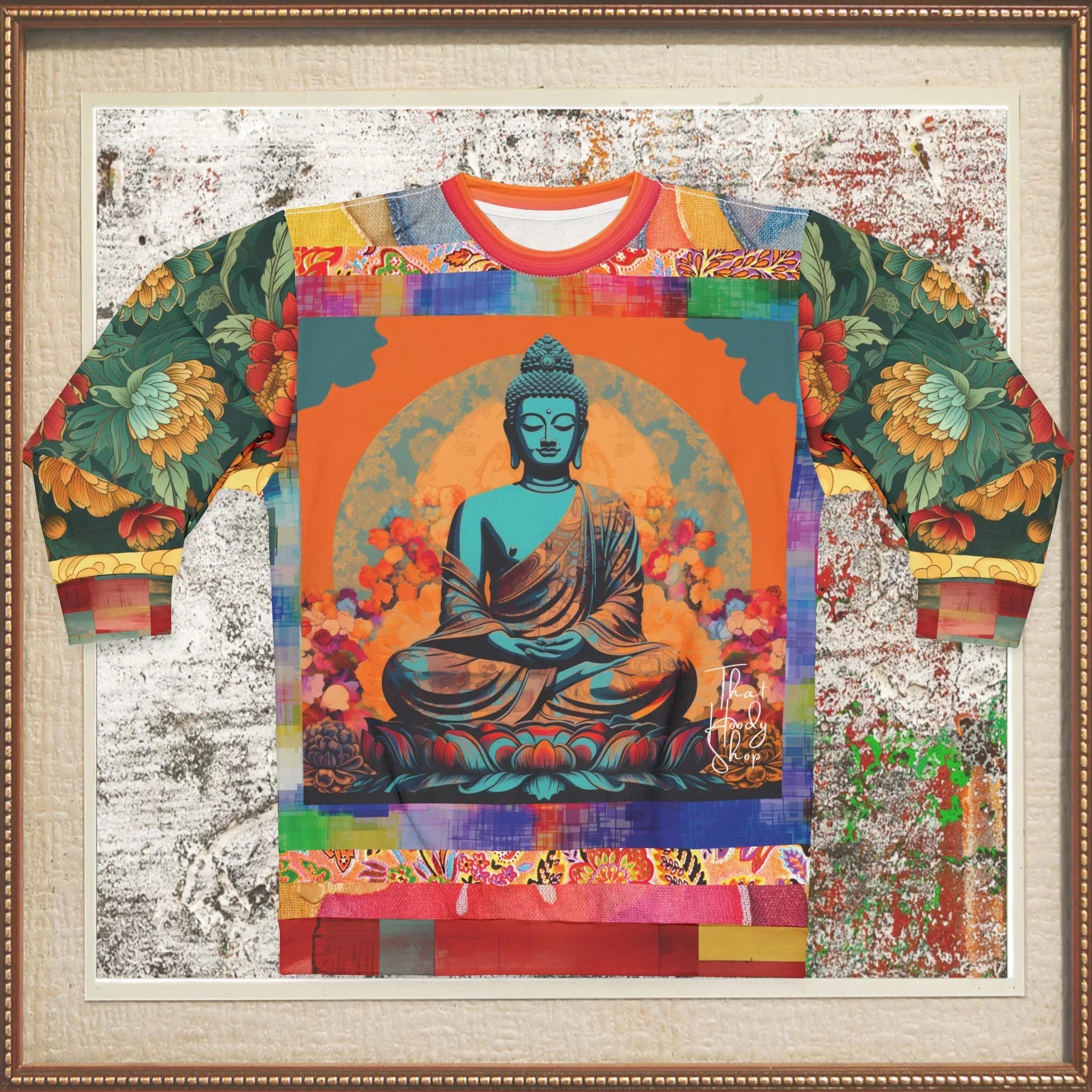Buddha Nested in Flowers Patchwork Print Unisex Sweatshirt (Gold Label)