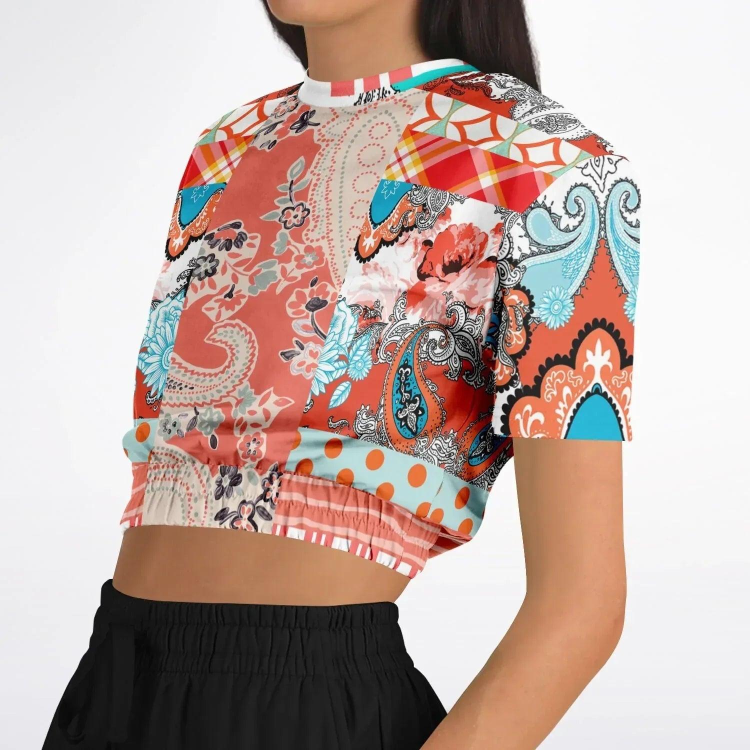 Coral Springs Hippie Patchwork Eco-Poly Short Sleeve Cropped Pullover