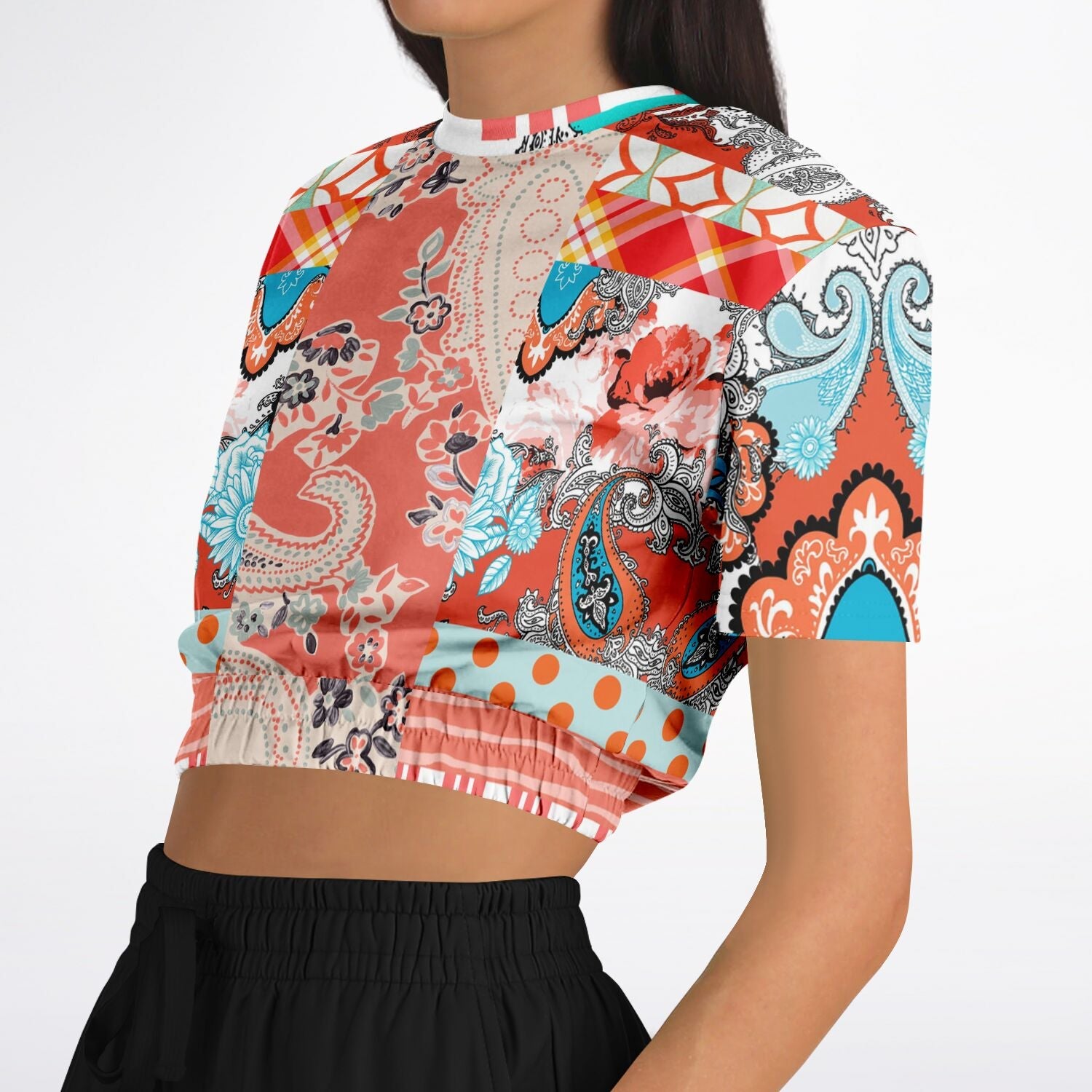 Coral Springs Hippie Patchwork Eco-Poly Short Sleeve Cropped Pullover