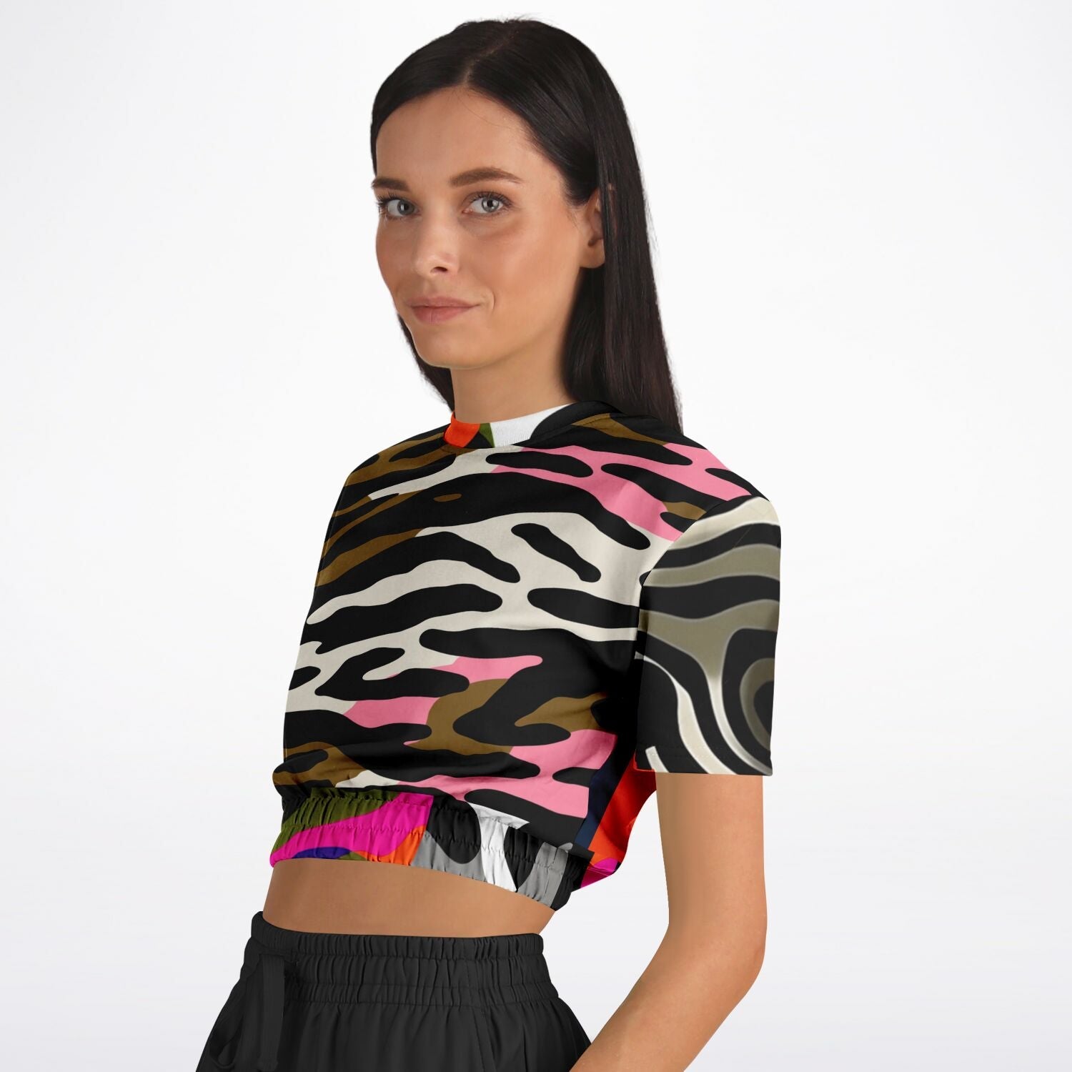 Wowzer Zowzer Animal Print Patchwork Eco-Poly Cropped Short Sleeve Pullover
