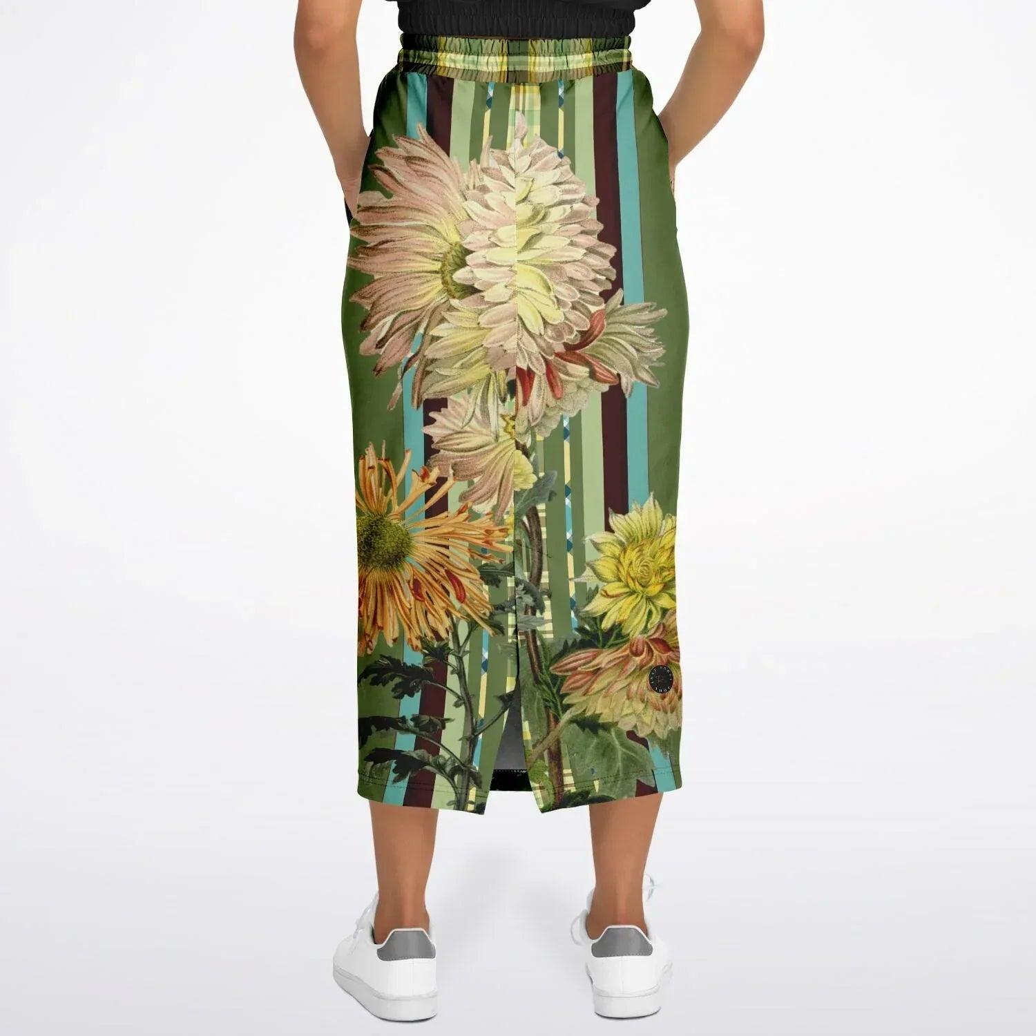 Green Caravan Floral Striped Eco-Poly Long Pocket Skirt