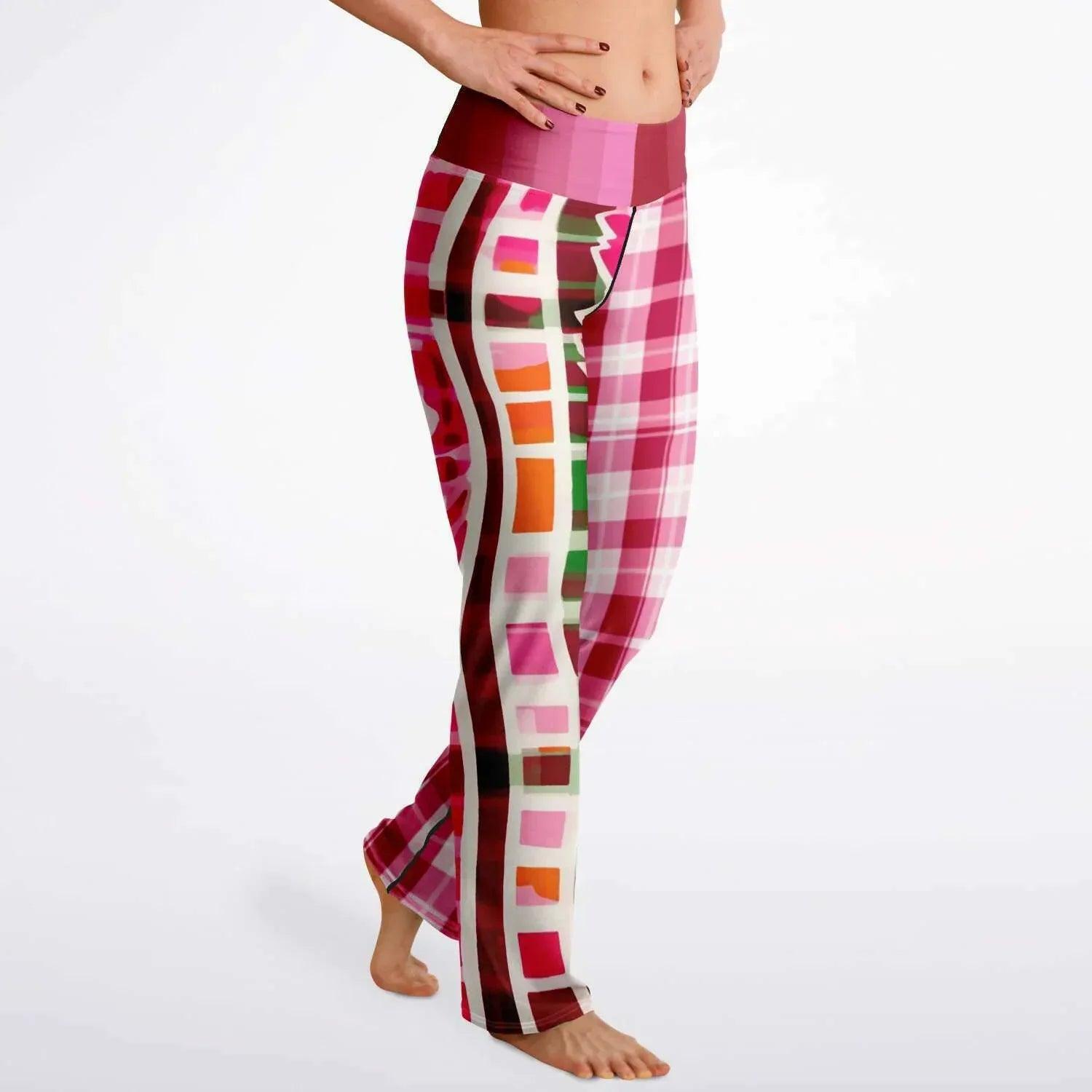 Cabbage Rose Pink Floral Plaid Flare Leggings