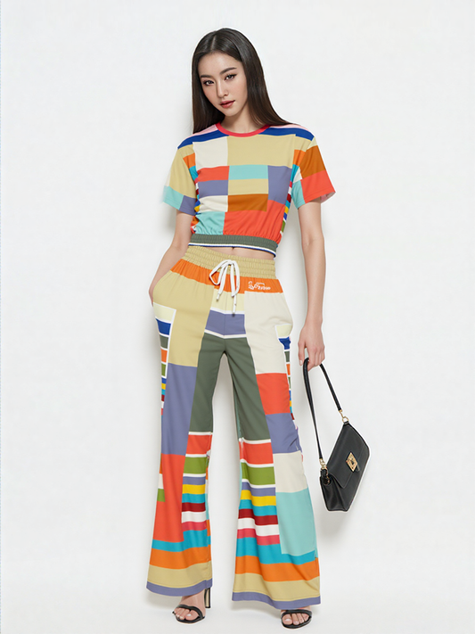 76 United Colorblock Pastel Stripe Eco-Poly Wide Leg Pants
