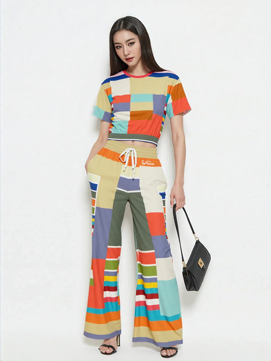 76 United Colorblock Pastel Stripe Eco-Poly Wide Leg Pants