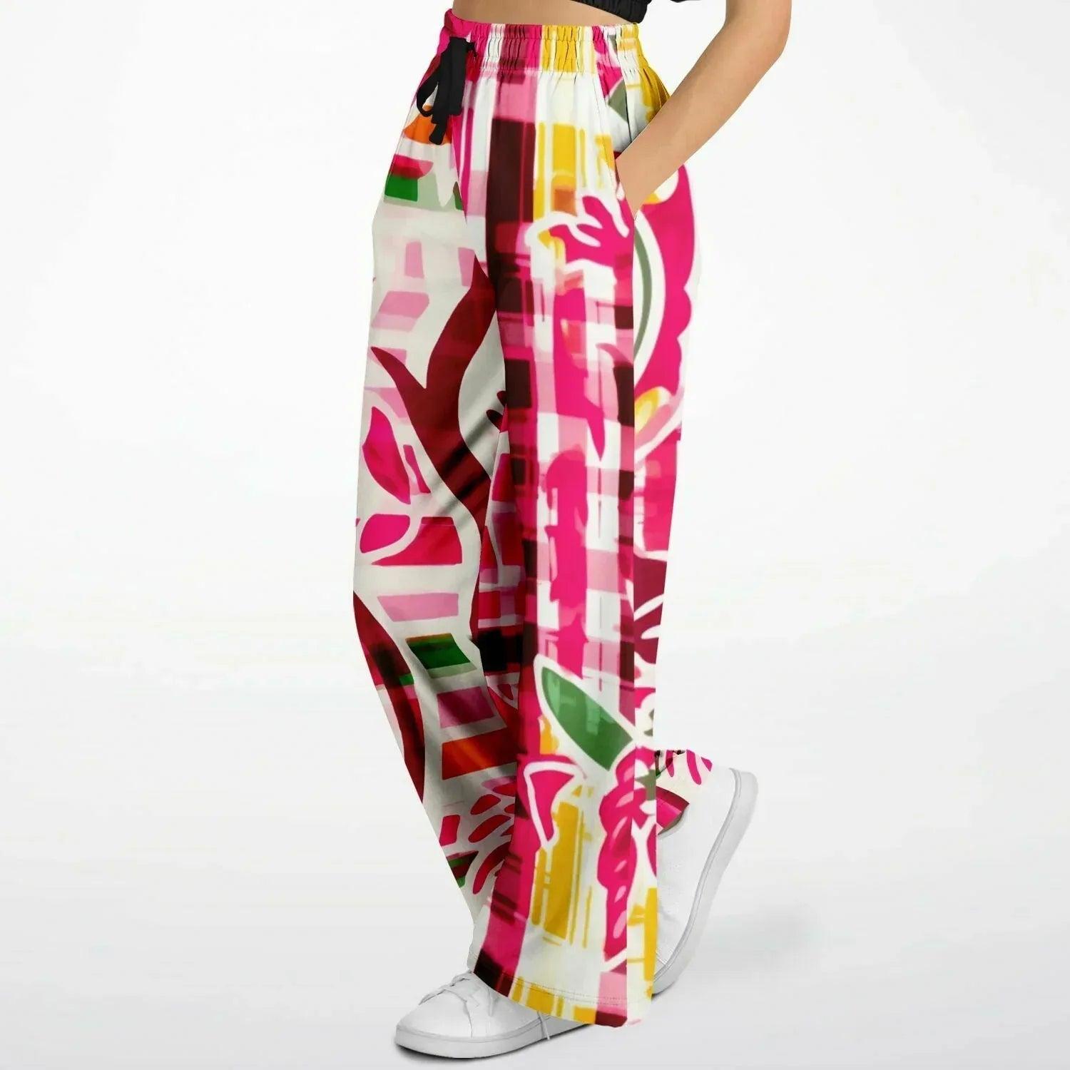 Cabbage Rose Pink Floral Plaid Eco-Poly Wide Leg Pants
