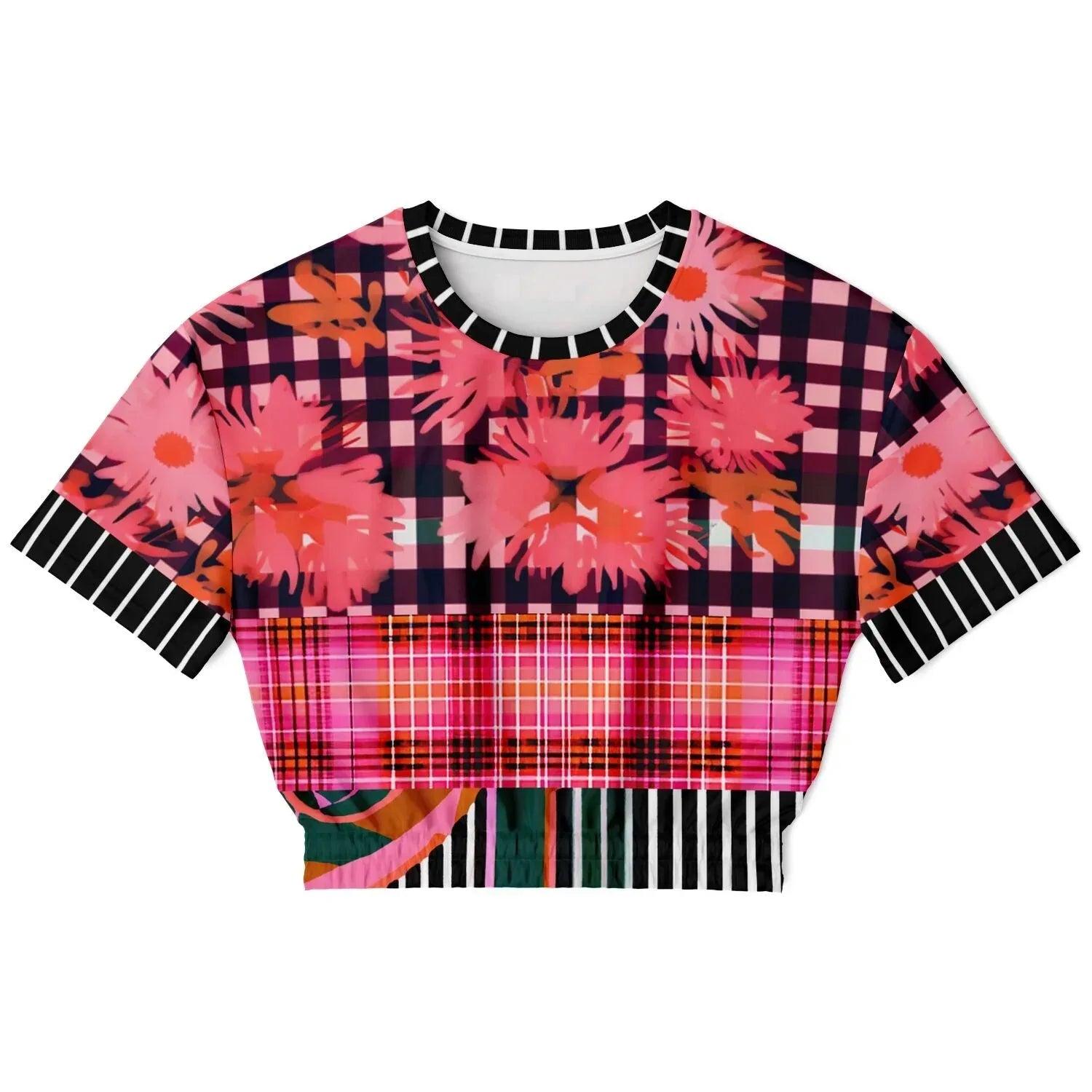 Pink Chrysanthemum Plaid Floral Eco-Poly Short Sleeve Cropped Pullover