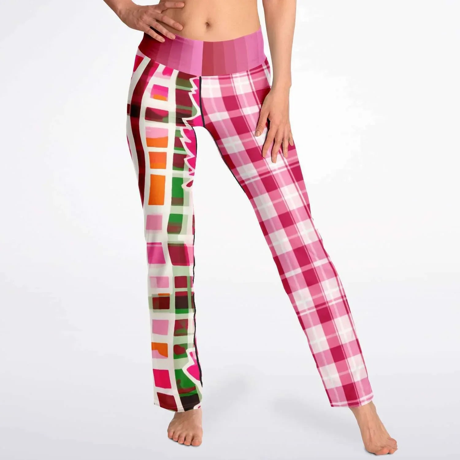 Cabbage Rose Pink Floral Plaid Flare Leggings