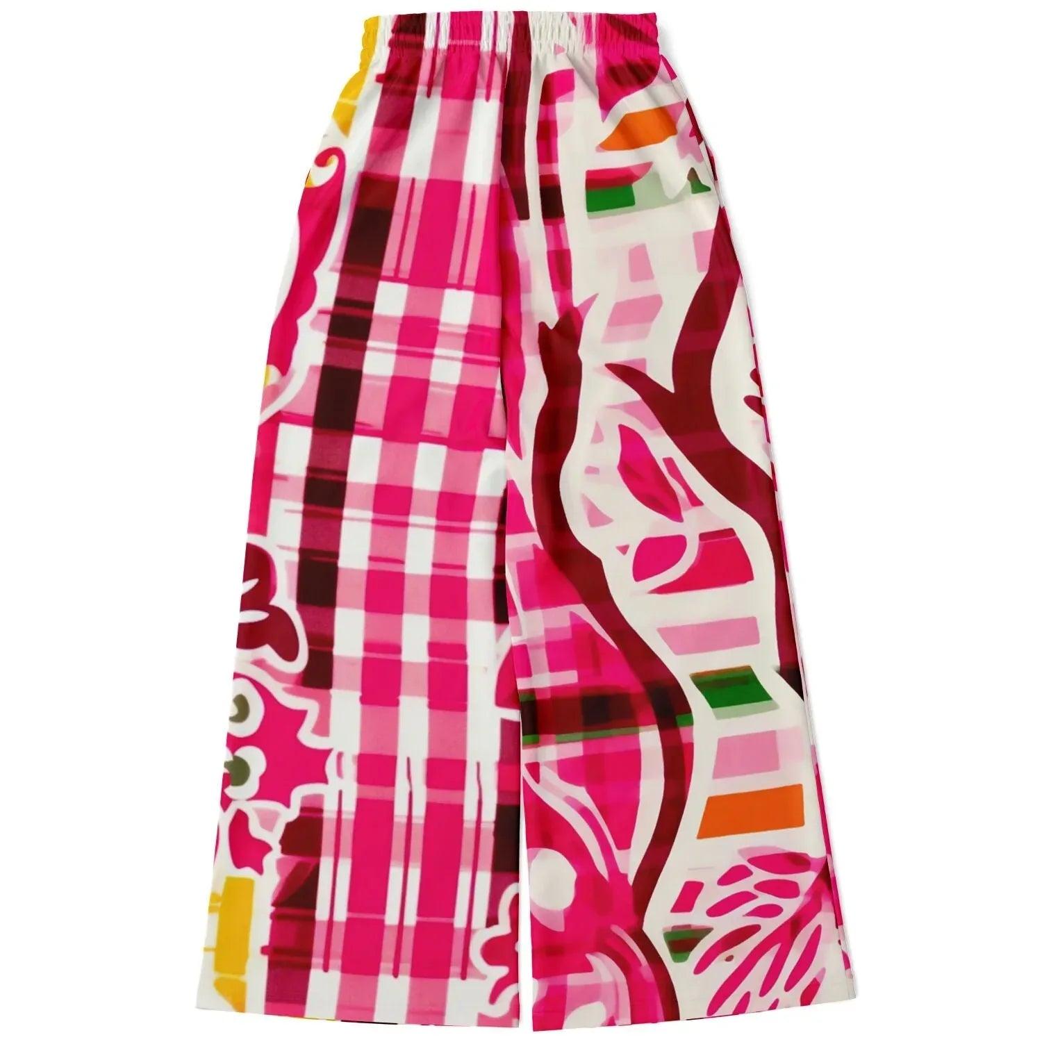 Cabbage Rose Pink Floral Plaid Eco-Poly Wide Leg Pants