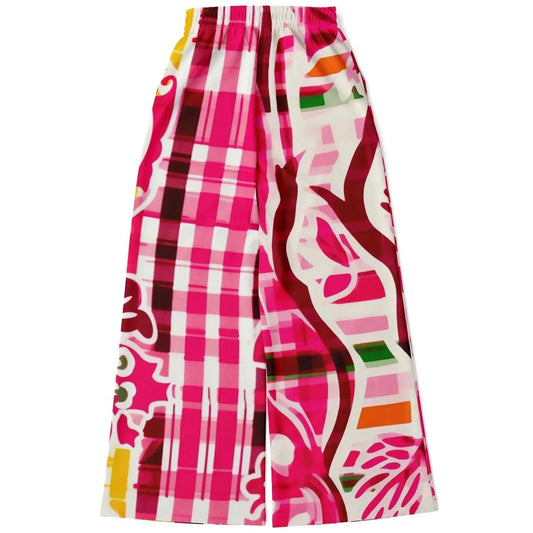 Cabbage Rose Pink Floral Plaid Eco-Poly Wide Leg Pants