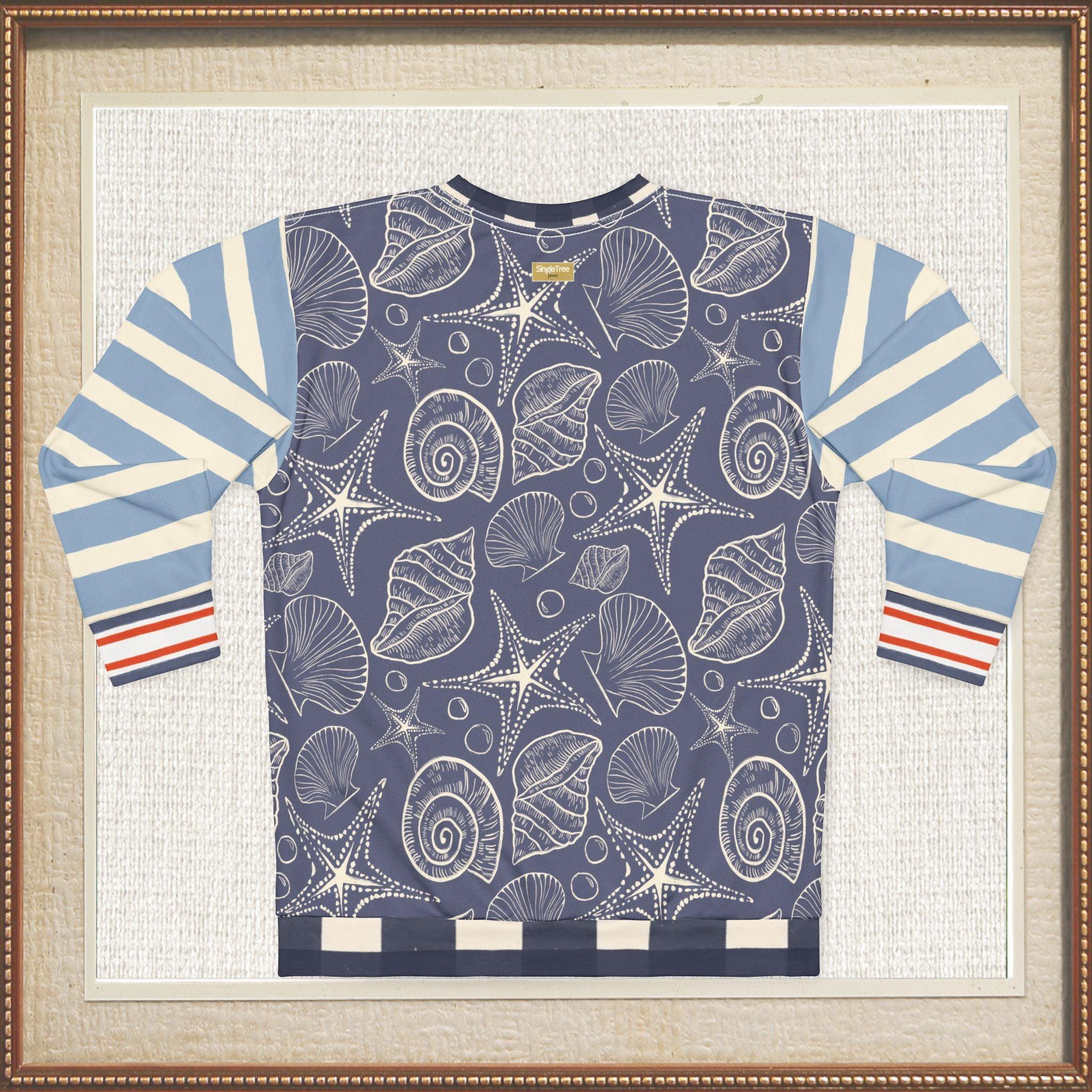 Sail Away Seashell Sketch Stripe Duo in Blue Unisex Sweatshirt (Gold Label)
