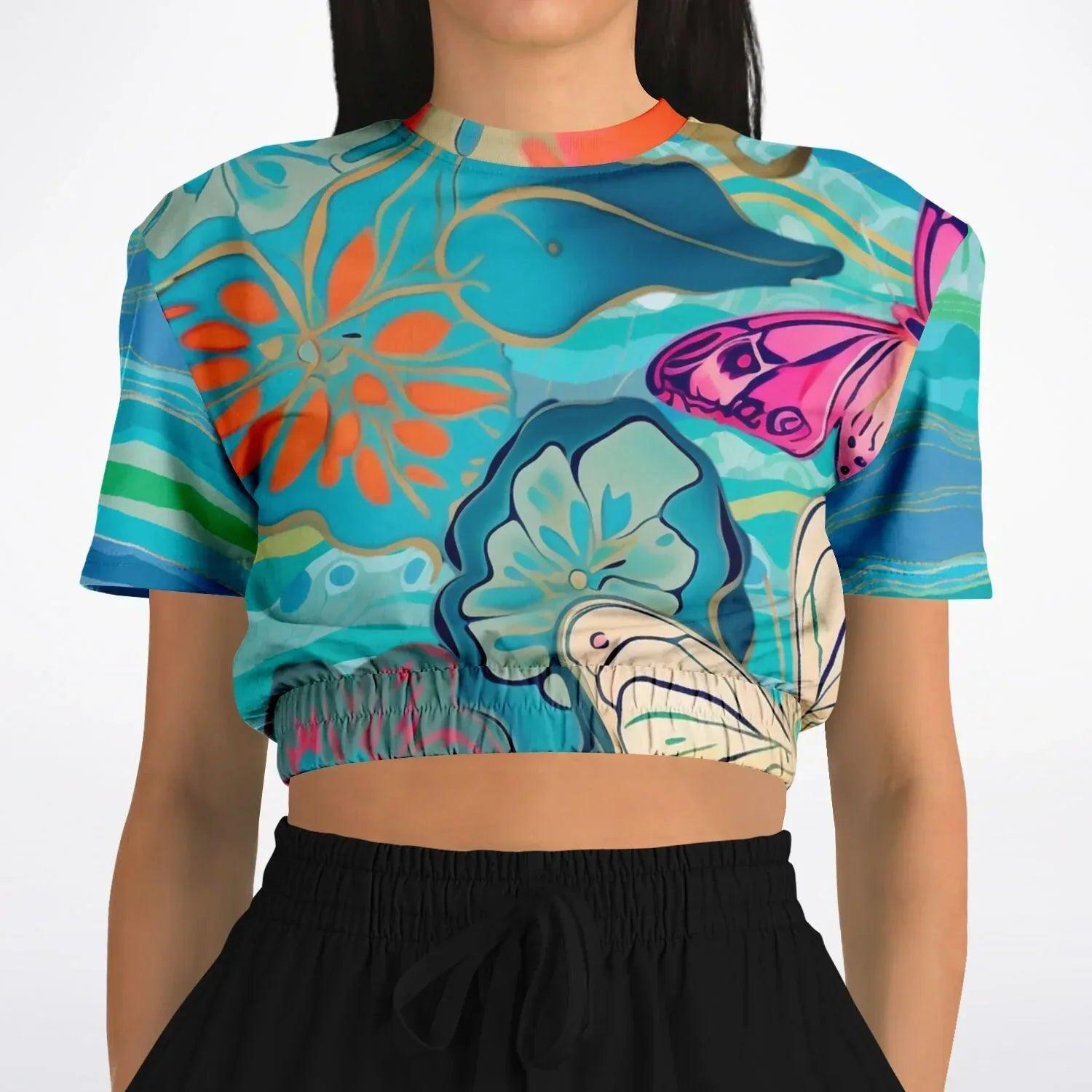 Bahamian Blue Waves Butterfly Eco-Poly Short Sleeve Cropped Pullover