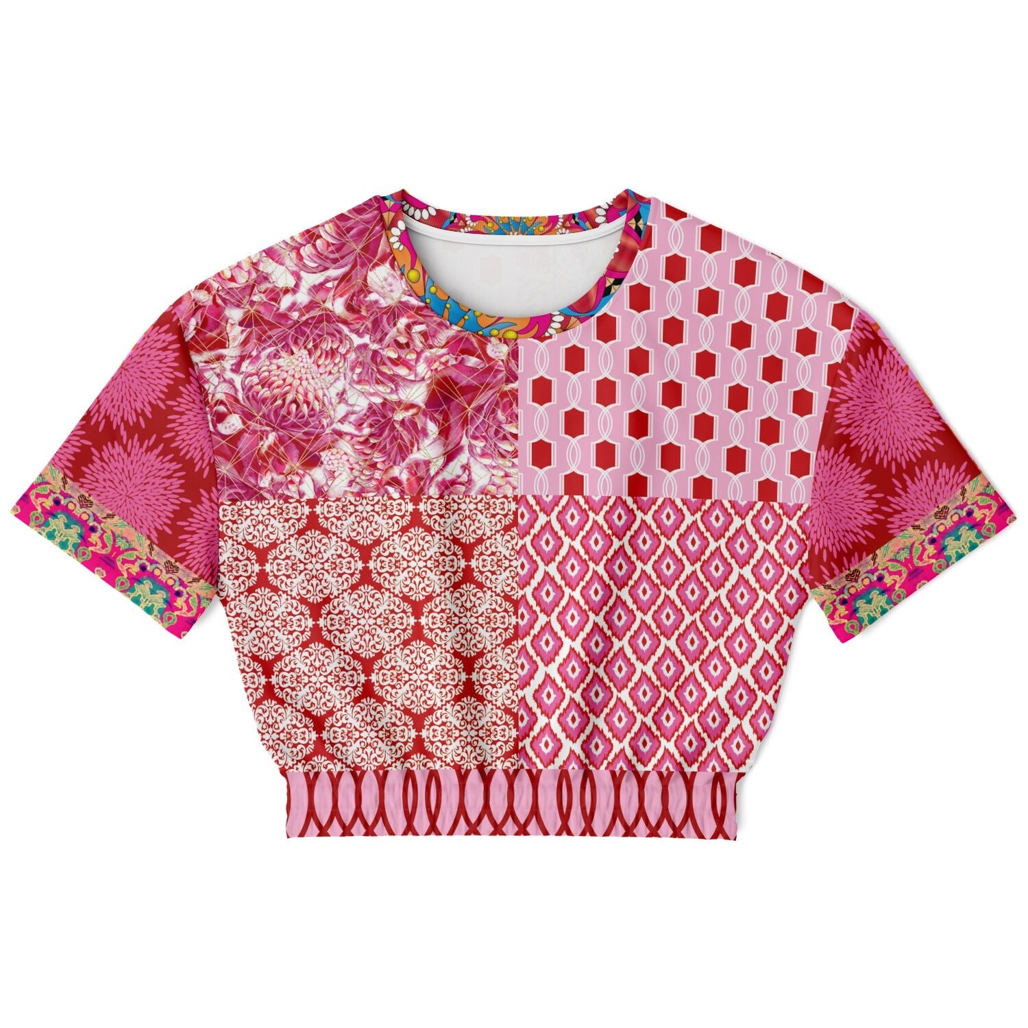 Gypsy Beat Pink Patchwork Eco-Poly Short Sleeve Cropped Pullover