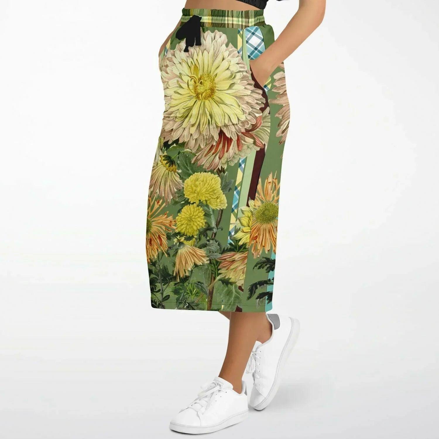 Green Caravan Floral Striped Eco-Poly Long Pocket Skirt