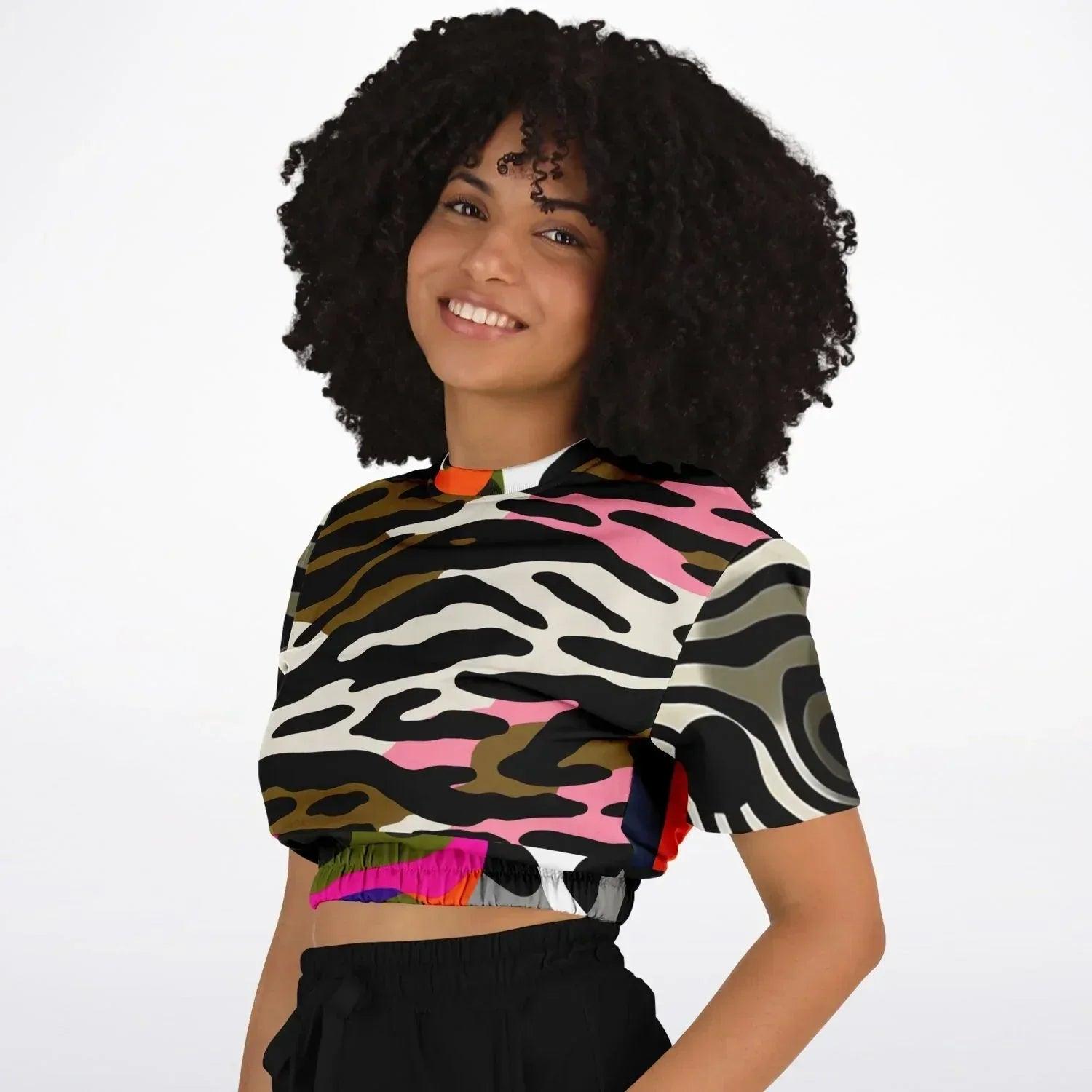 Wowzer Zowzer Animal Print Patchwork Eco-Poly Cropped Short Sleeve Pullover