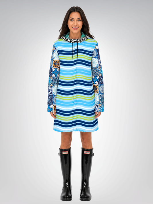 Aqua Riviera Mosaic Stripe Womens Hooded Rain Jacket