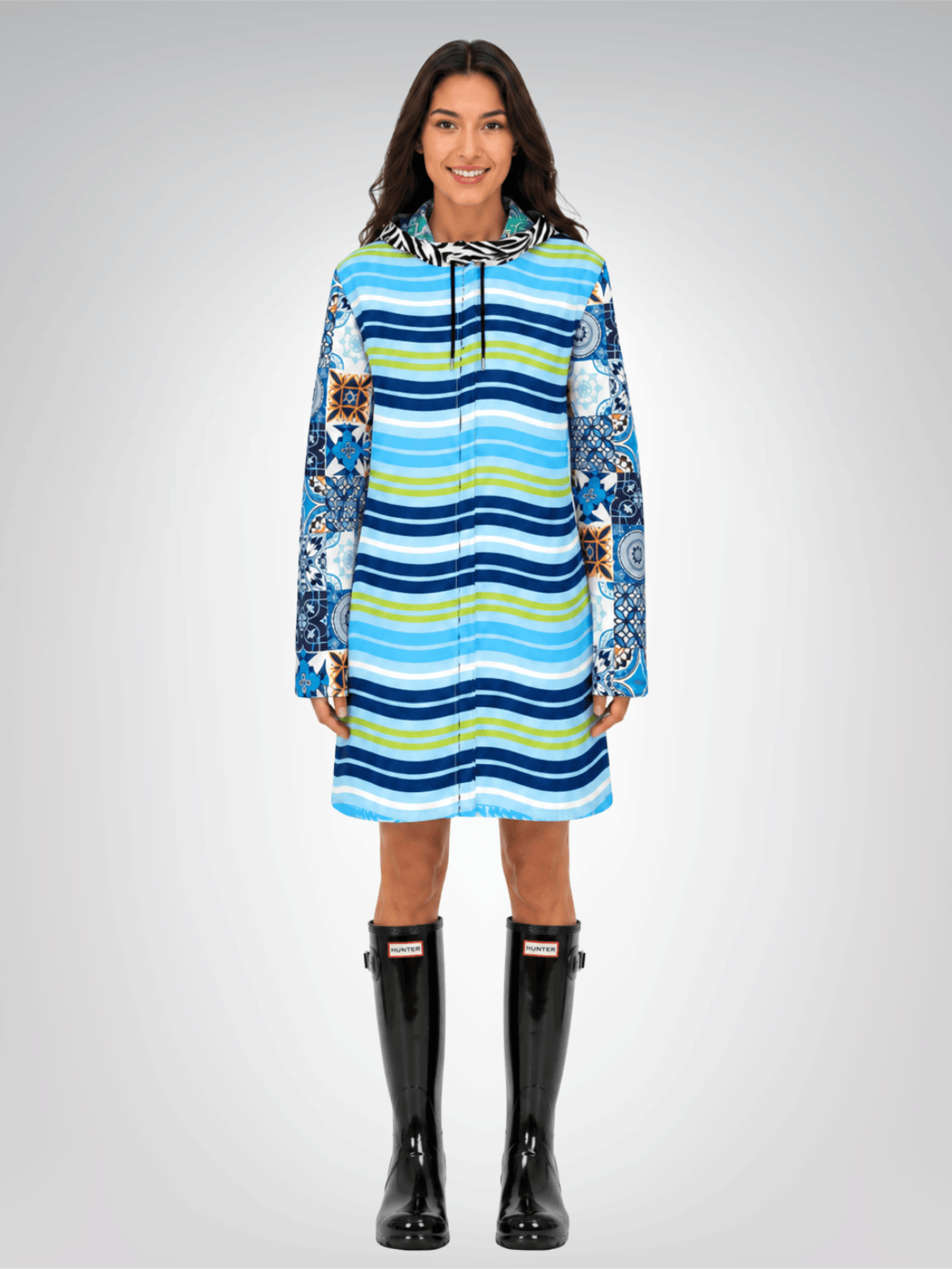 Aqua Riviera Mosaic Stripe Womens Hooded Rain Jacket
