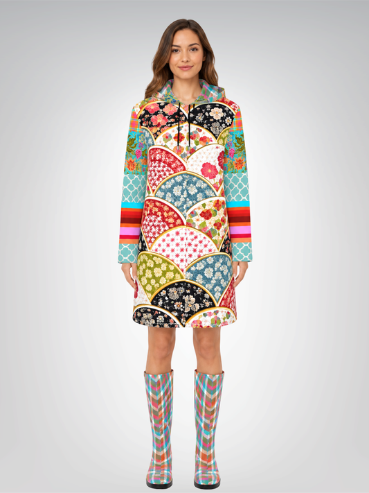 Asian Floral Fan Patchwork Womens Hooded Rain Jacket