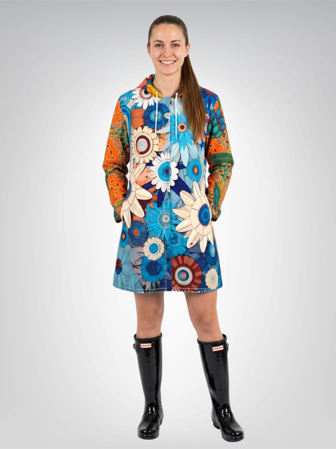 Blue Daisy Floral Rhapsody Womens Hooded Rain Jacket