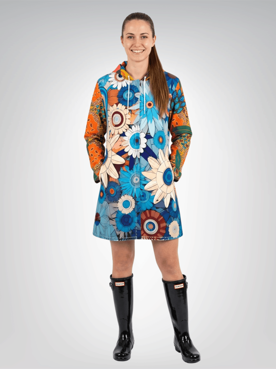Blue Daisy Floral Rhapsody Womens Hooded Rain Jacket