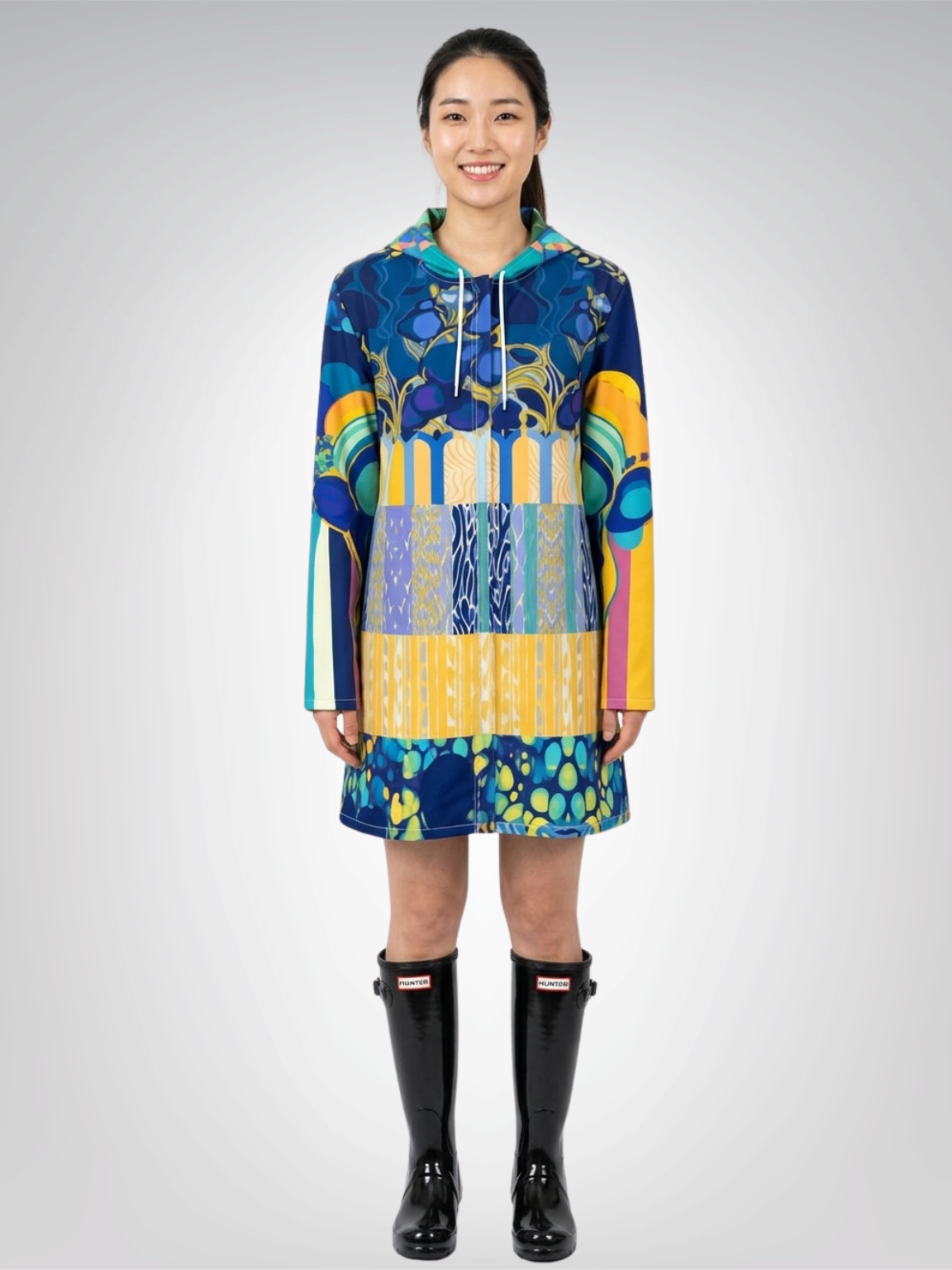 Blue Iris Mosaic Stripe Womens Hooded Rain Jacket