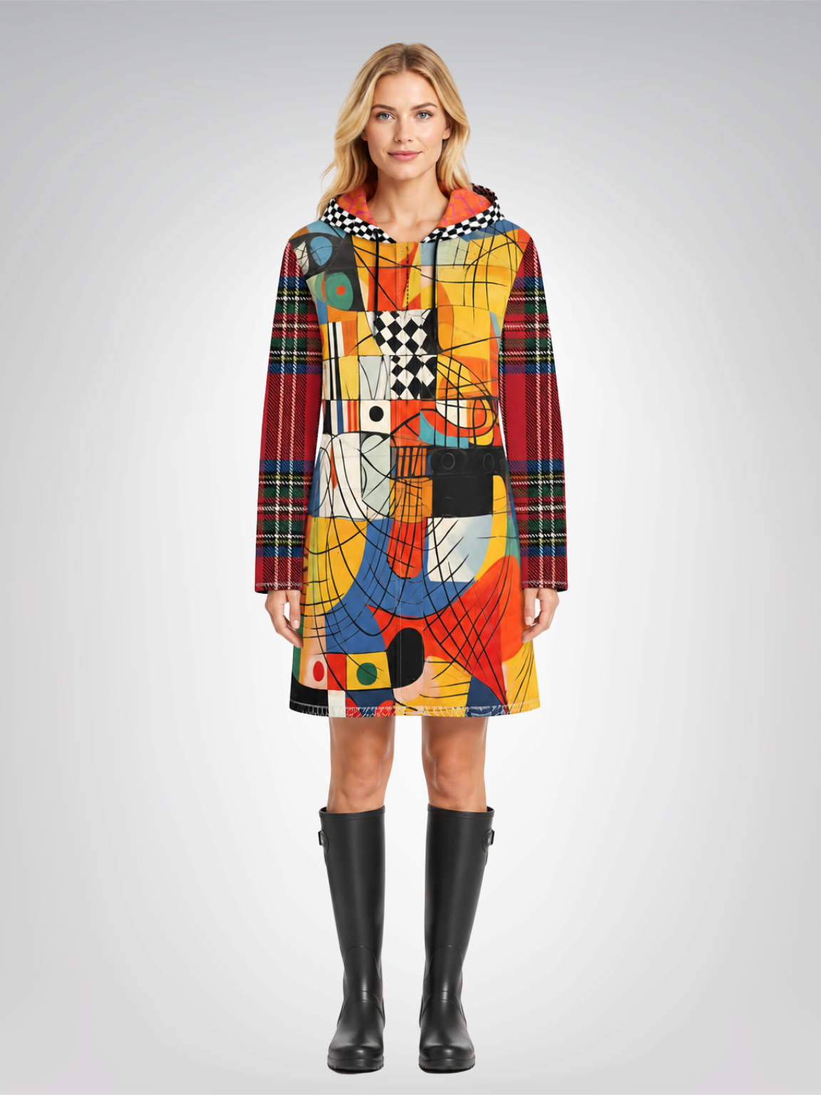 Checkerboard Abstract Plaid Womens Hooded Rain Jacket