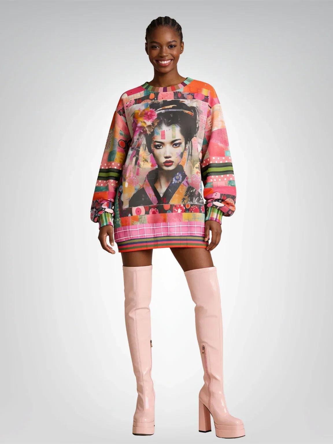 China Girl in Pink Mixed Media Patchwork Print Unisex Sweatshirt (Gold Label)