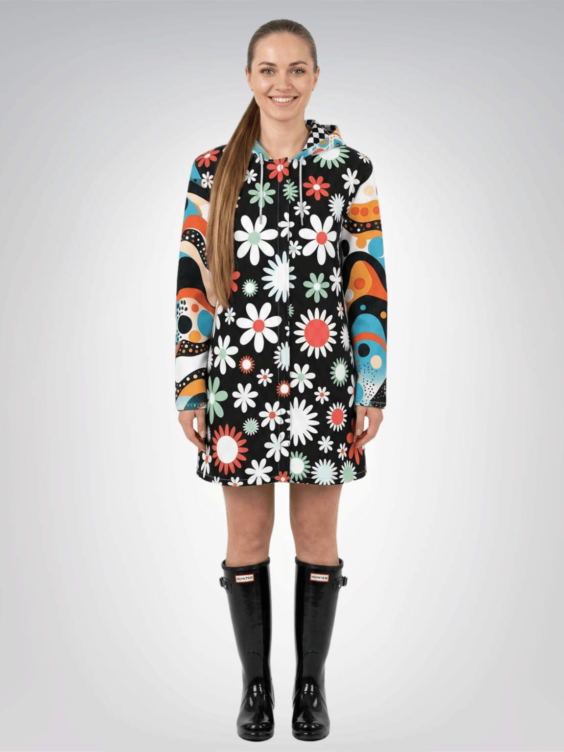Daisy Check Pop Futuristic Floral Womens Hooded Rain Jacket