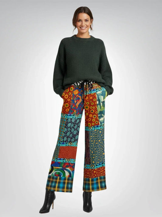 Give Me a Kiss - Klimt - Art Deco Patchwork Print Eco-Poly Wide Leg Pants