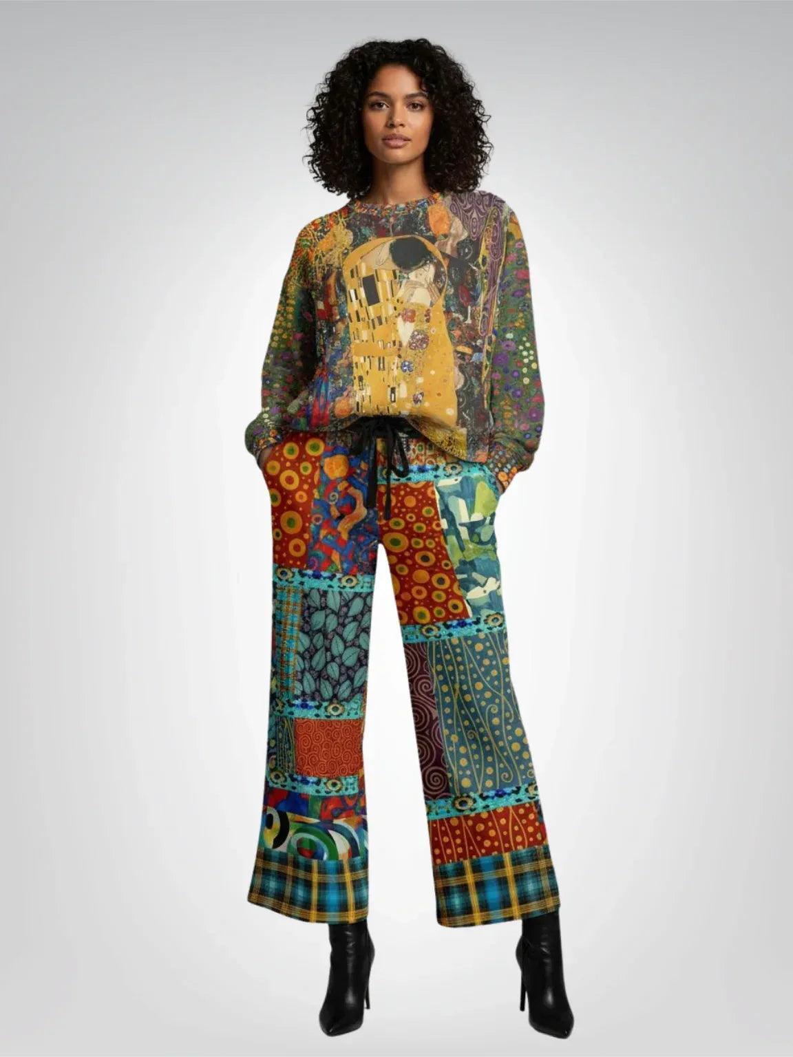 Give Me a Kiss - Klimt - Art Deco Patchwork Print Eco-Poly Wide Leg Pants