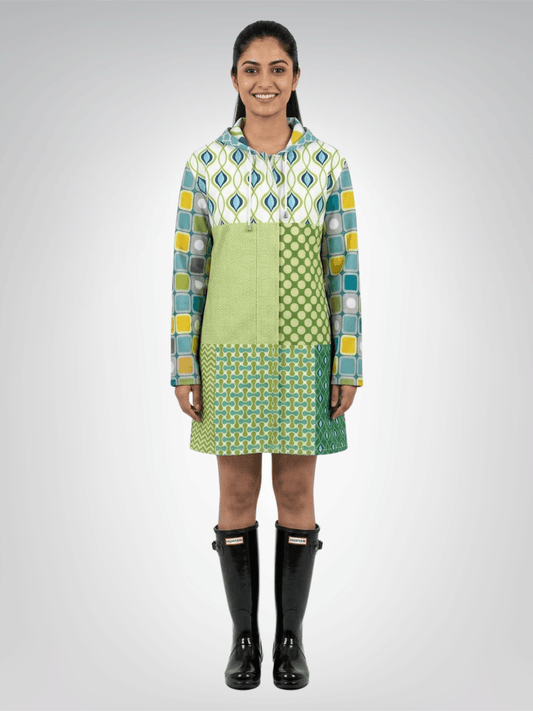 Lime Aqua Mod Mosaic Womens Hooded Rain Jacket