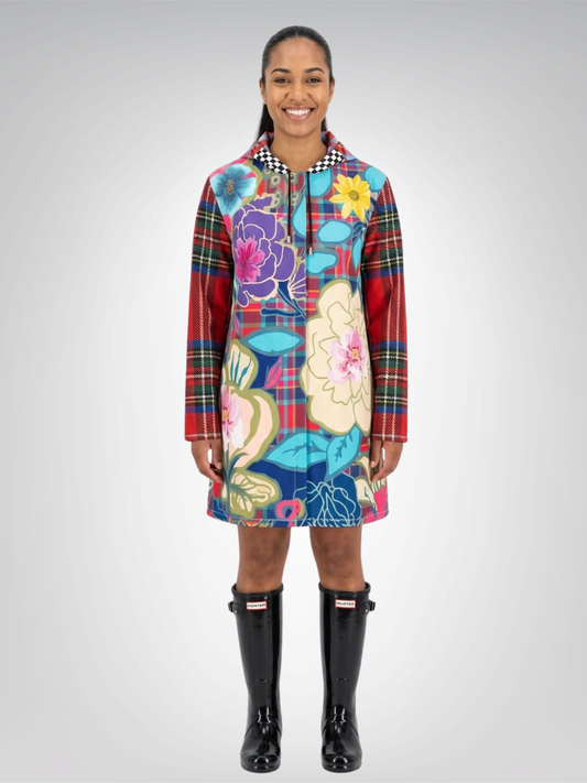 Mixed Bloom Floral Plaid Checkerboard Womens Hooded Rain Jacket