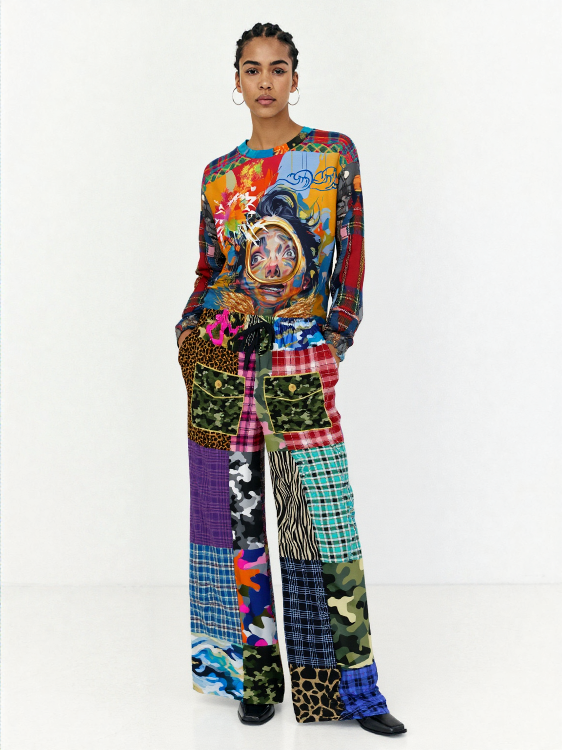 Hodgepodge Camo Plaid Animal Print Eco-Poly Wide Leg Pants