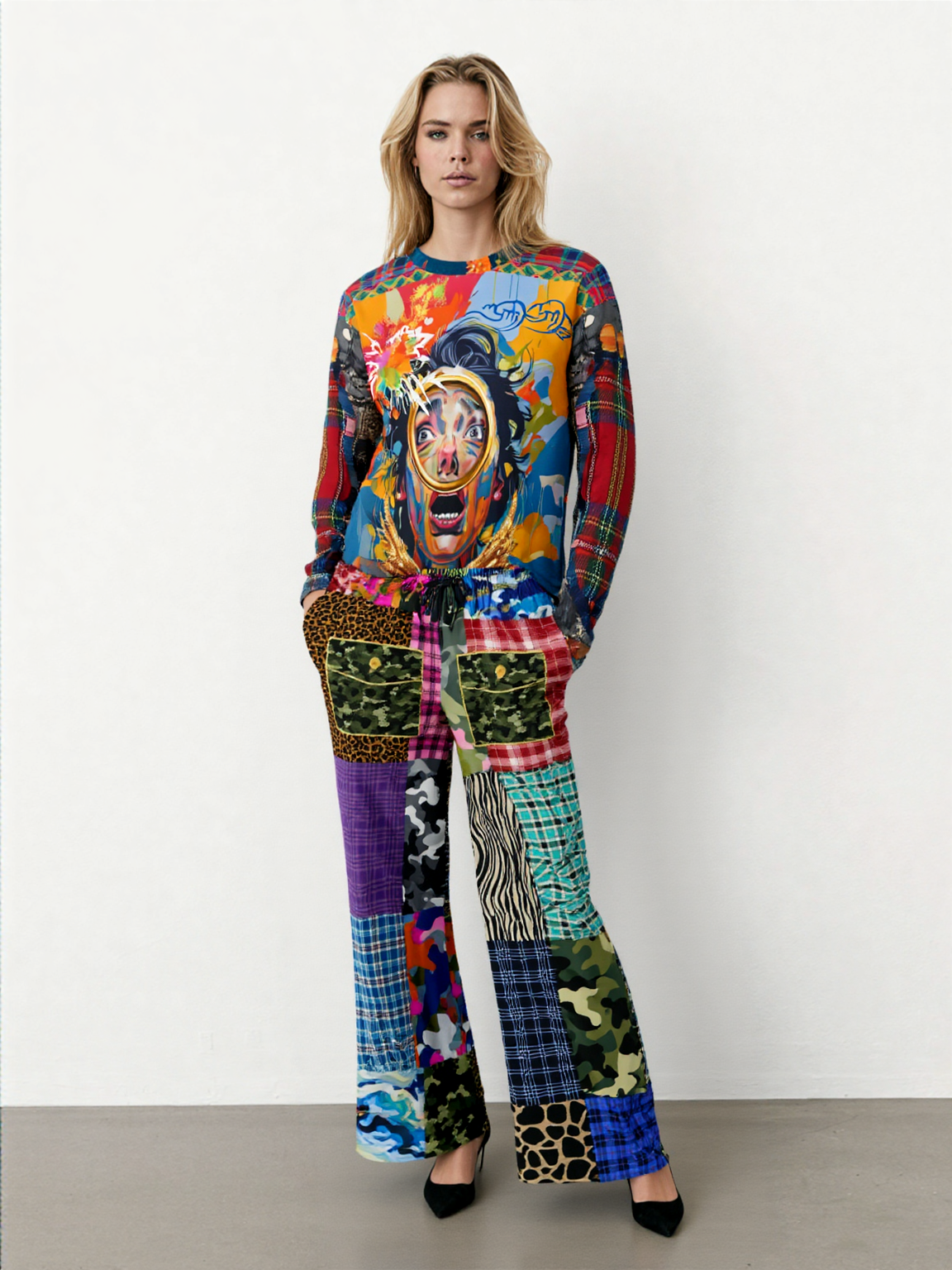 Hodgepodge Camo Plaid Animal Print Eco-Poly Wide Leg Pants