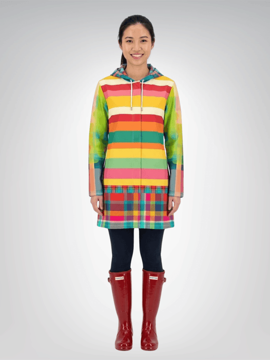 Rainbow Cabana Plaid and Rugby Stripe Womens Hooded Rain Jacket